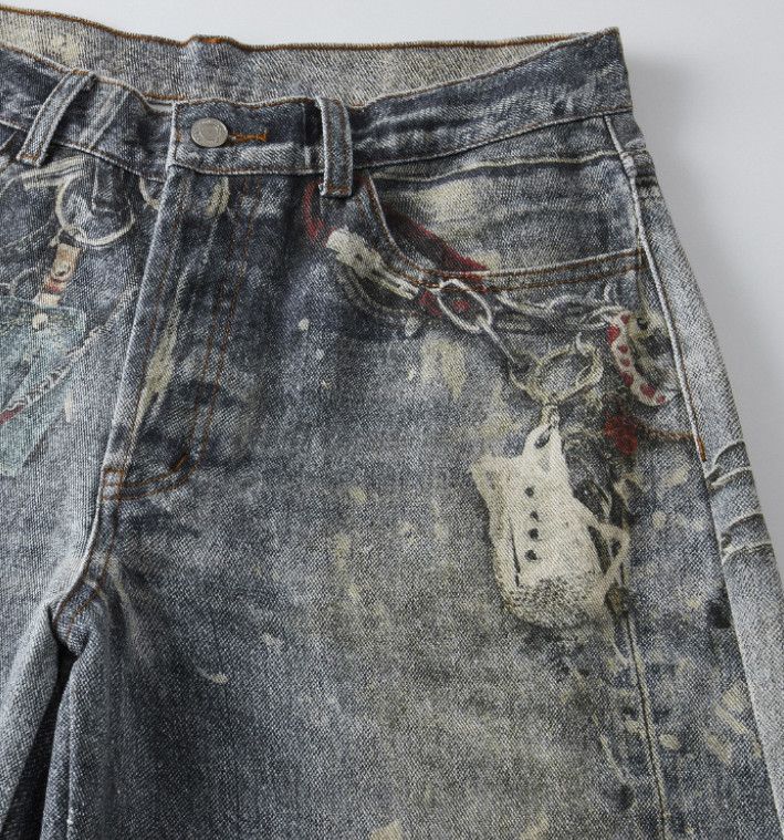Japanese Brand Men's Baggy Loose Straight Leg Digital Print Jeans Size US 32 / EU 48 - 3 Thumbnail