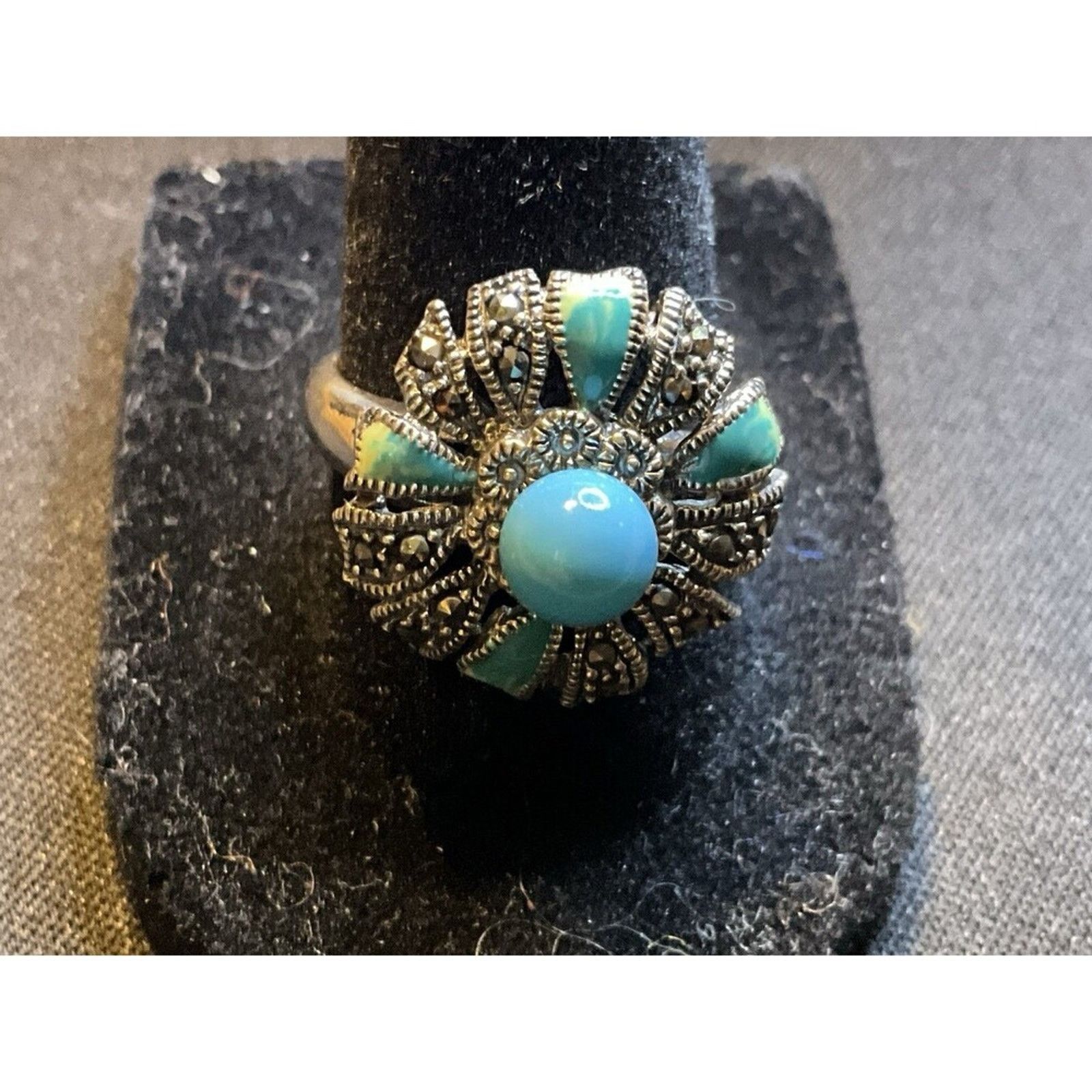 Other 925 Silver Turquoise and Marcasite Flower Ring Size 8.75 Size ONE SIZE - 2 Thumbnail