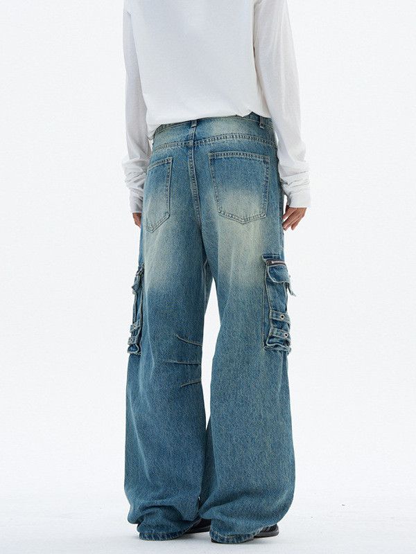 High street distressed straight-leg multi-pocket cargo jeans