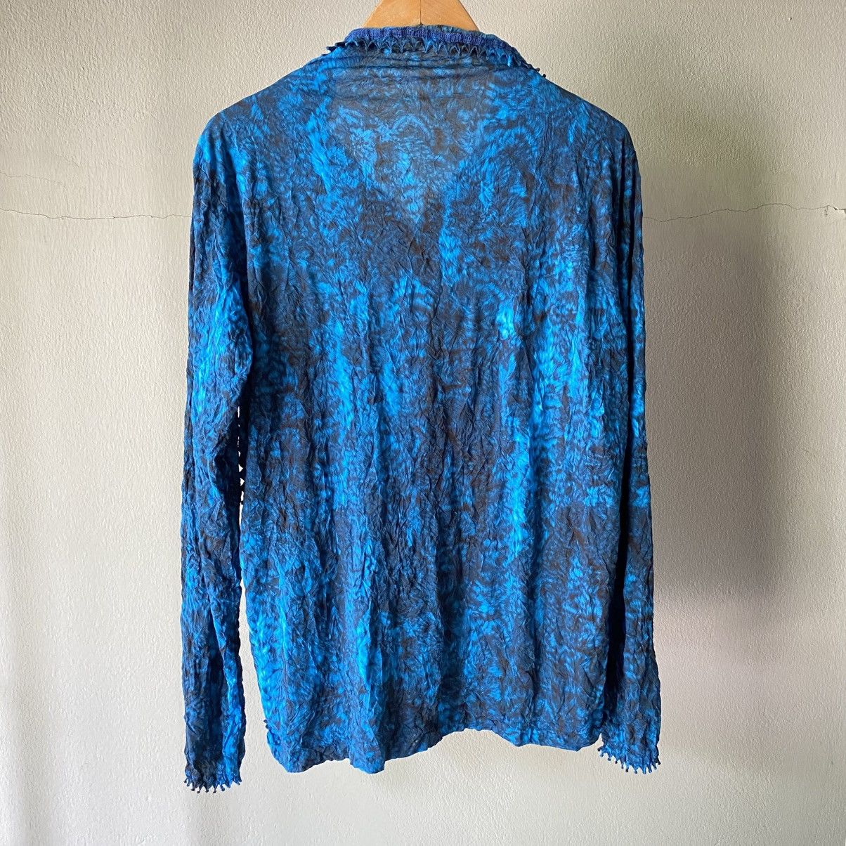 Issey Miyake Haat Blue Crinkle Textured Shirt/Ruffled High Neck Blouse Size XS / US 0-2 / IT 36-38 - 10 Thumbnail