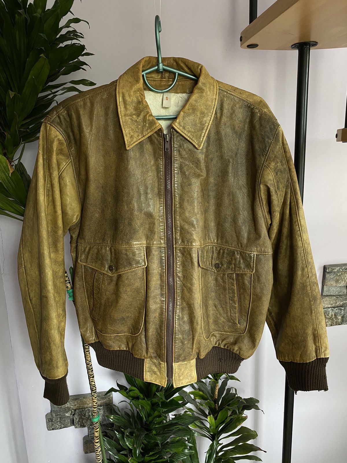 image of Vintage Brown Leather Bomber Jacket, Men's (Size Small)