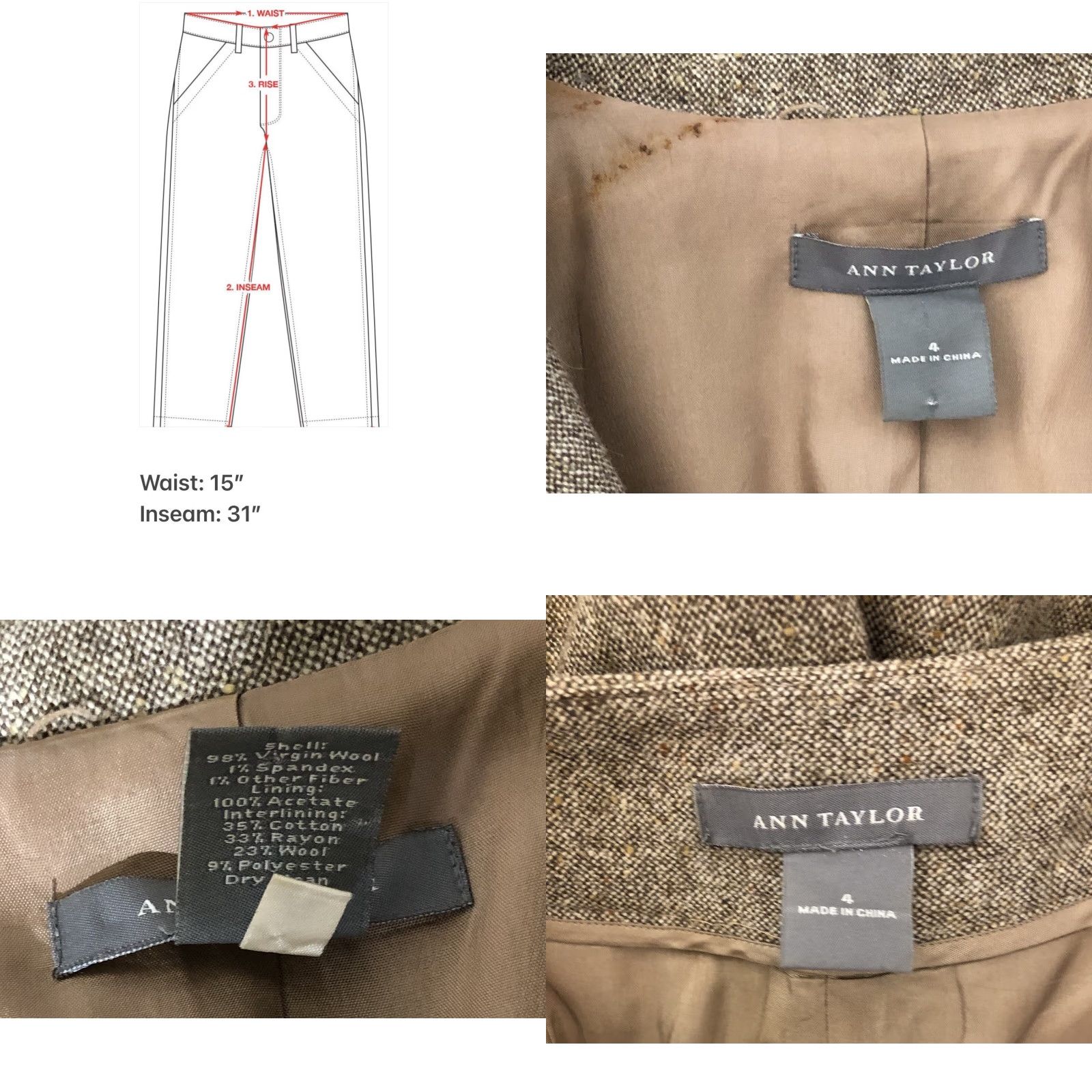 Ann Taylor VINTAGE Ann Taylor Blazer Jacket Pant Wool Suit 4 Lt Brown Bow Pockets Office Career Women 2pc Set Fit Regular Lined Wool Fall Spring Summer Winter"} Size 27" / US 4 / IT 40 - 8 Thumbnail