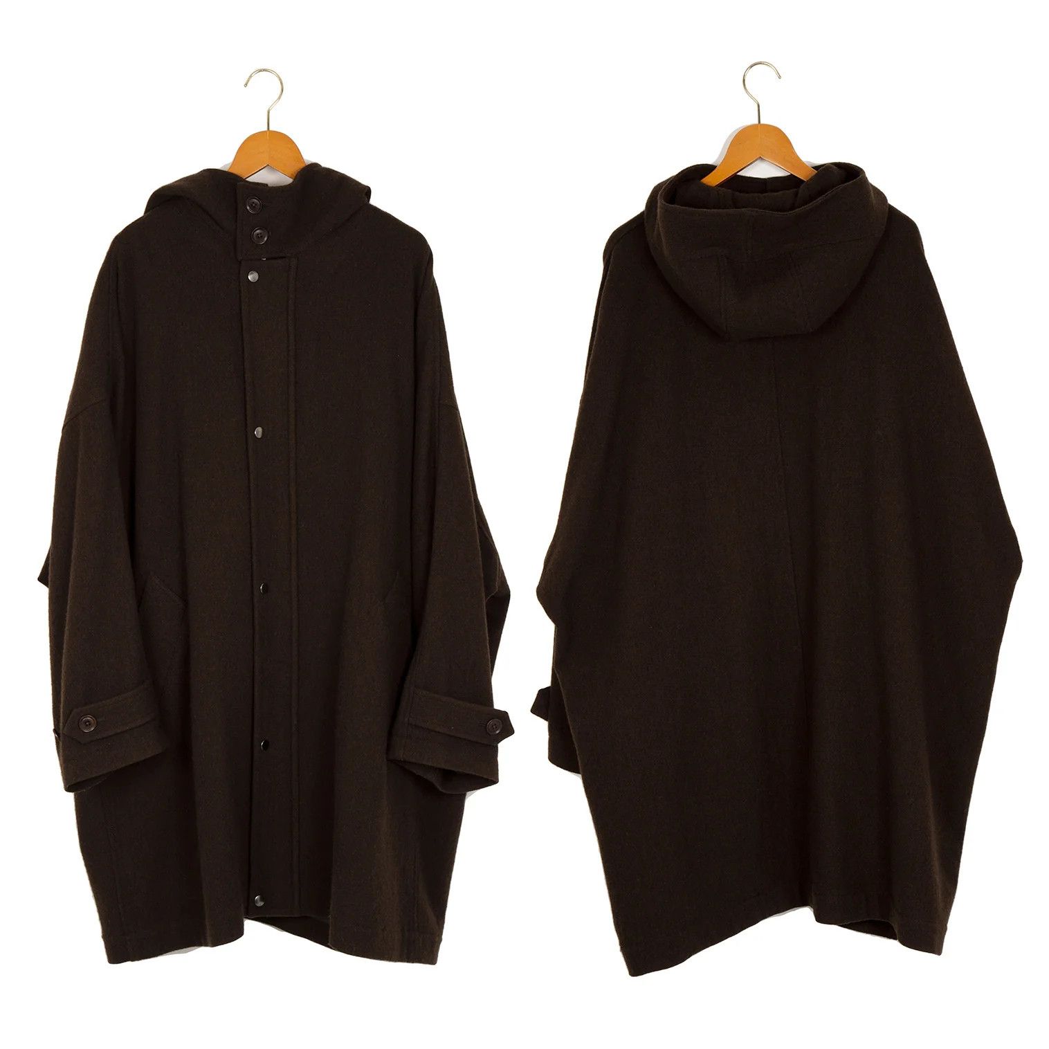 Yohji Yamamoto Blended Wool Doleman Hooded Coat in Dark Brown Size US L / EU 52-54 / 3 - 1 Thumbnail