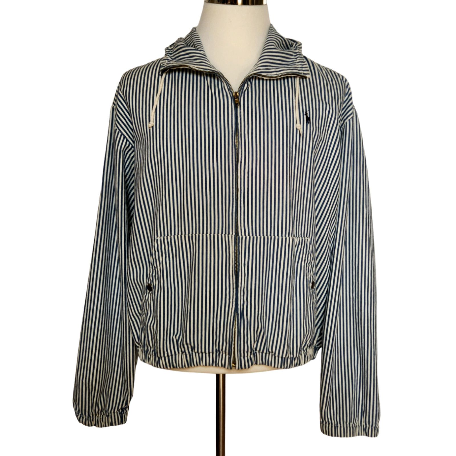 image of VTG Polo Ralph Laurent Mens L Hooded Full Zip Cotton Jacket Sailing Theme Striped in White (Size La