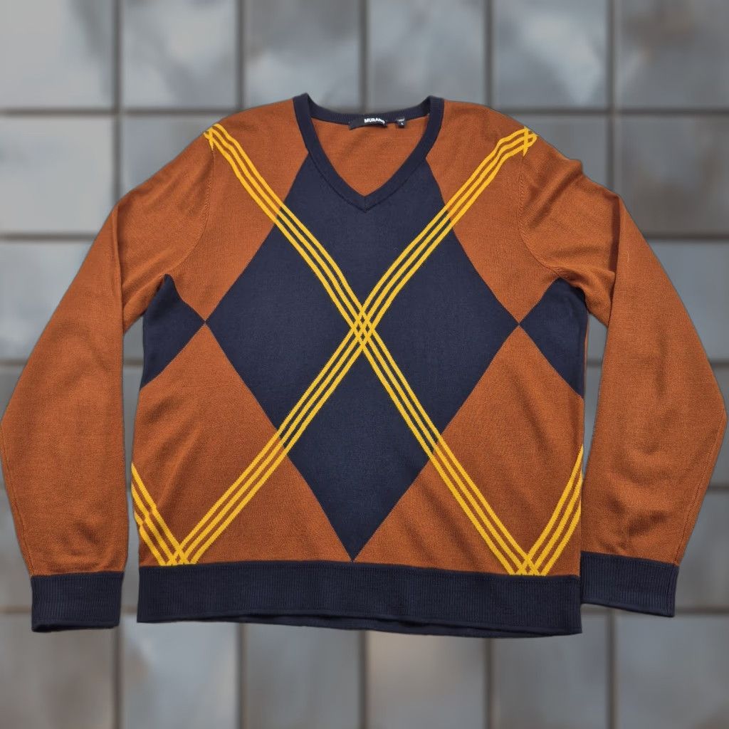 Murano Murano Mens Large Pullover Sweater V-Neck Argyle/Diamond Knit Acrylic Brown Navy Multicolor 90s Retro Size US L / EU 52-54 / 3 - 1 Thumbnail