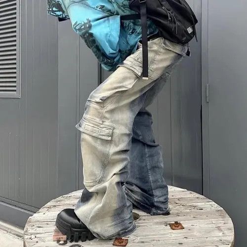 image of Distressed Denim Multi-Pockets Drawstring Jeans in Bleu, Men's (Size 28)