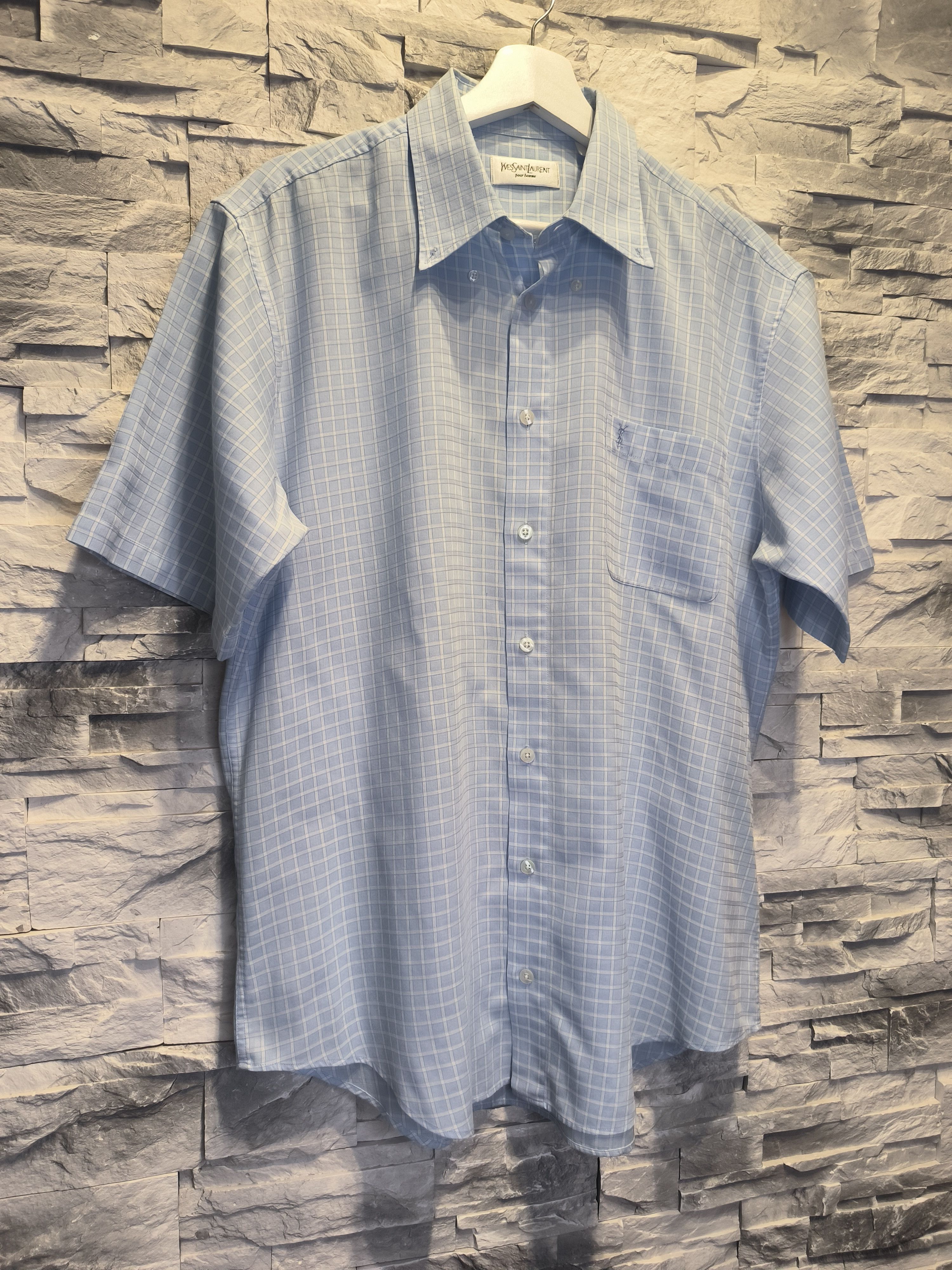 Vintage × Yves Saint Laurent Vintage YSL Pour Homme Shirt Button-Up Baby Blue Logo Size US L / EU 52-54 / 3 - 3 Thumbnail