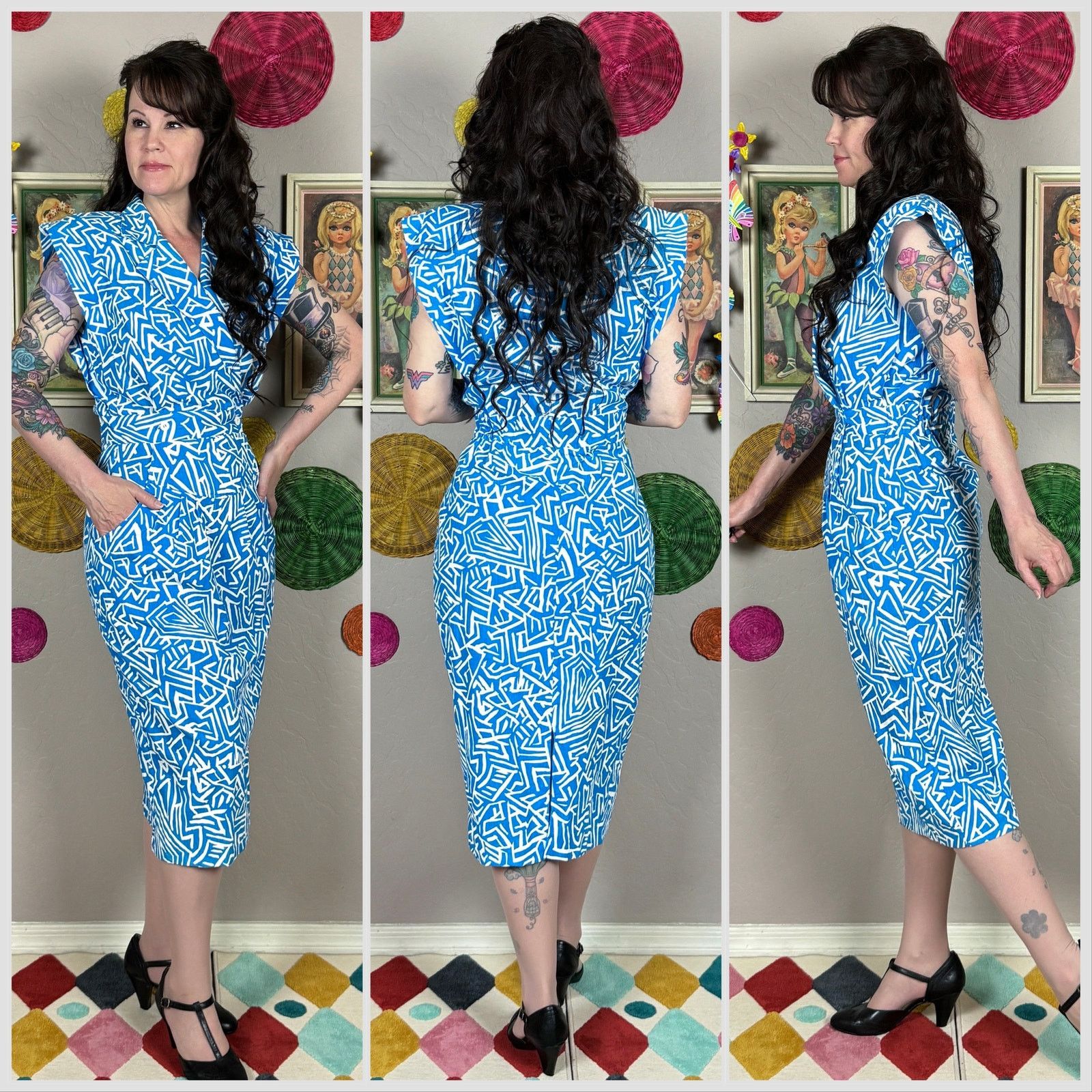 Vintage 1980s Blue & White Abstract Geometric Print Sleeveless Dress Size XS / US 0-2 / IT 36-38 - 2 Thumbnail