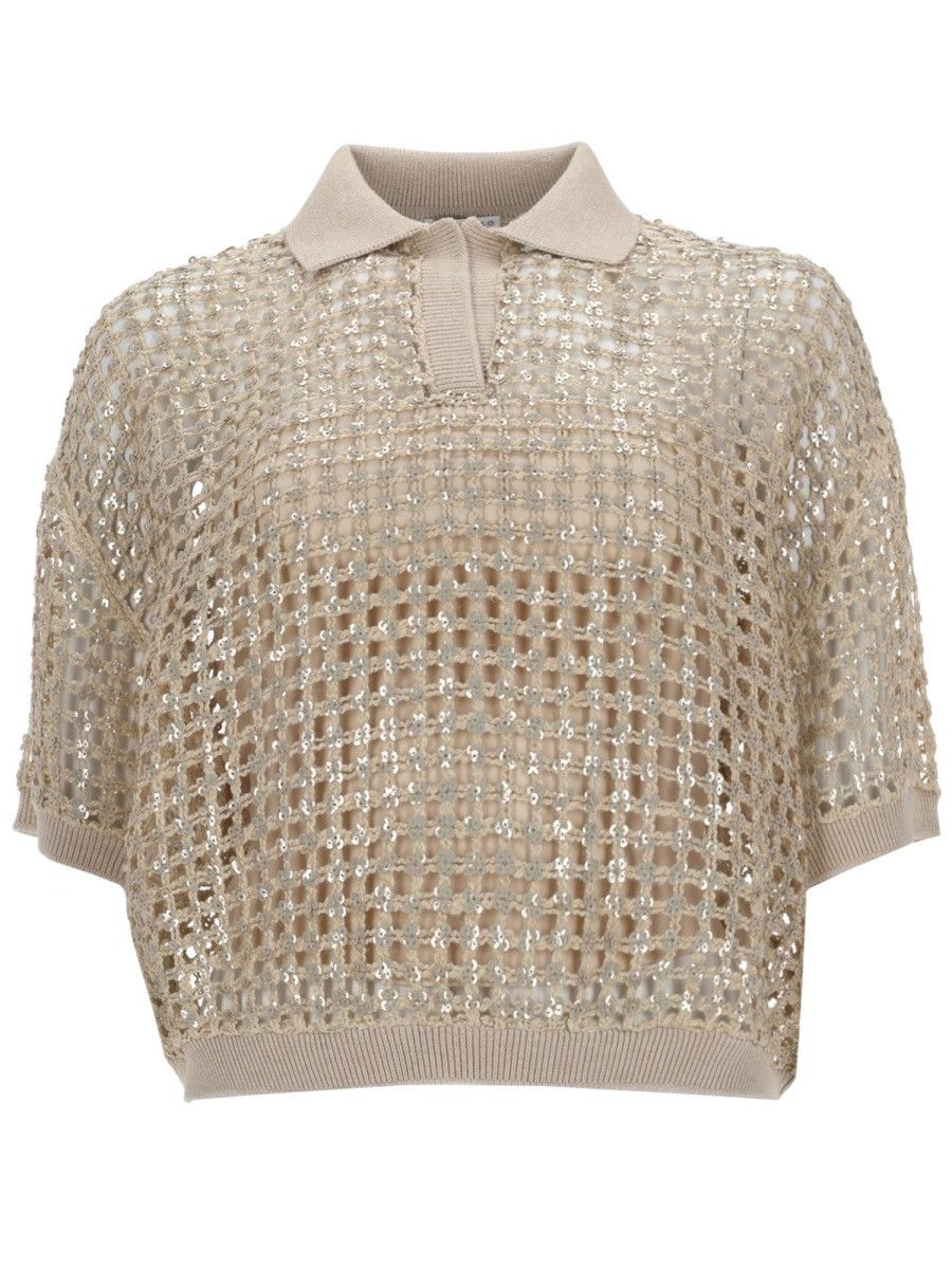Brunello Cucinelli BRUNELLO CUCINELLI SILK AND LINEN KNIT POLO SHIRT - BEIGE Size M / US 6-8 / IT 42-44 - 1 Thumbnail