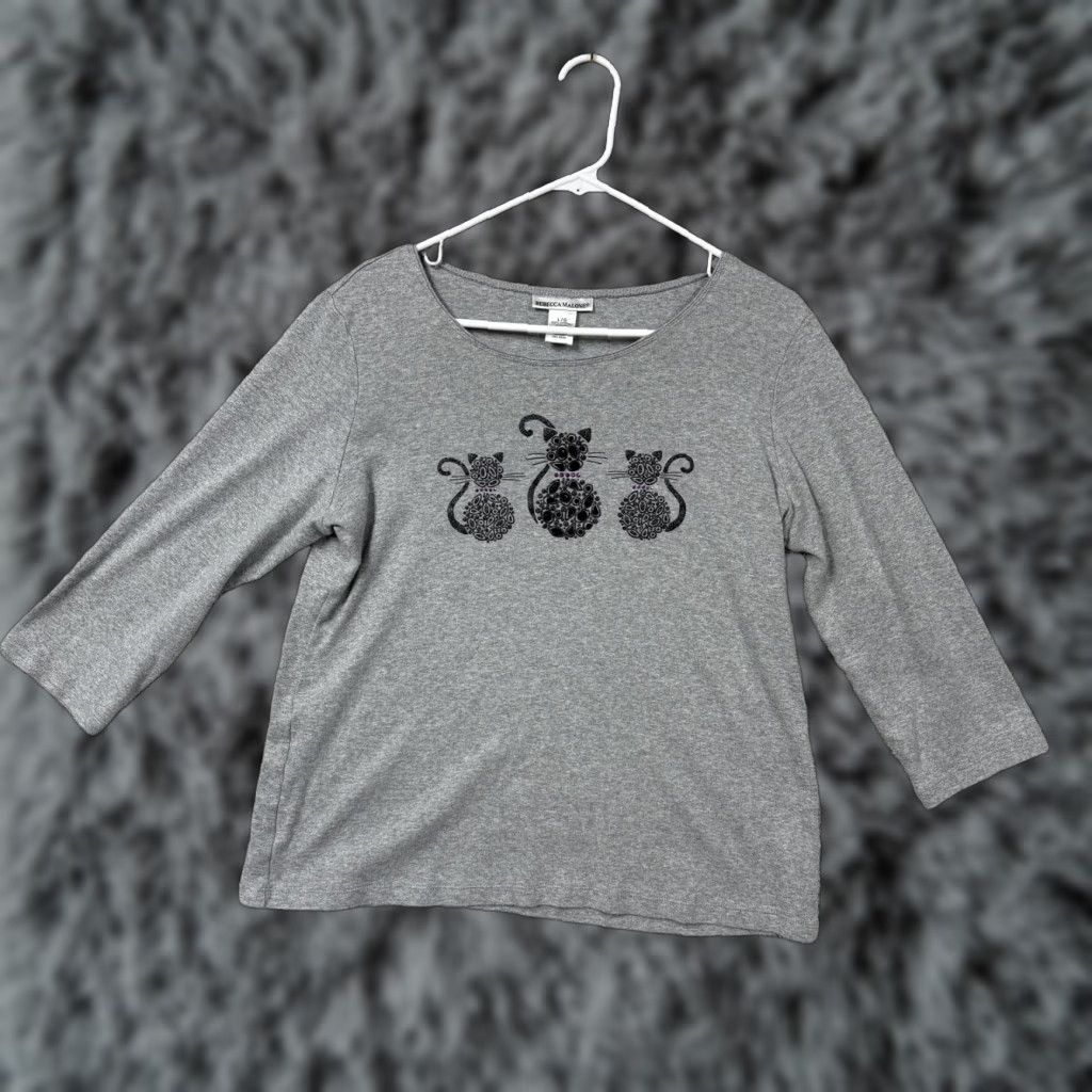 Vintage Rebecca Malone T-Shirt Women Large Heather Gray Jersey 3/4 Sleeve Cat Whimsigoth Size L / US 10 / IT 46 - 1 Thumbnail