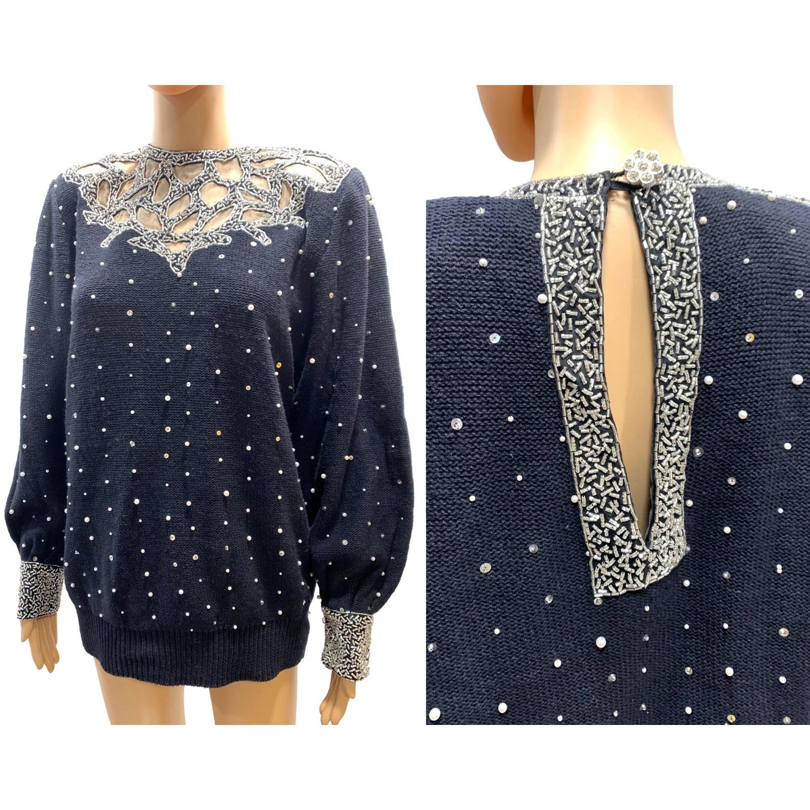 Vintage 80s Black Beaded Trophy Sweater w Pearls 1989 | S/M Size M / US 6-8 / IT 42-44 - 9 Thumbnail