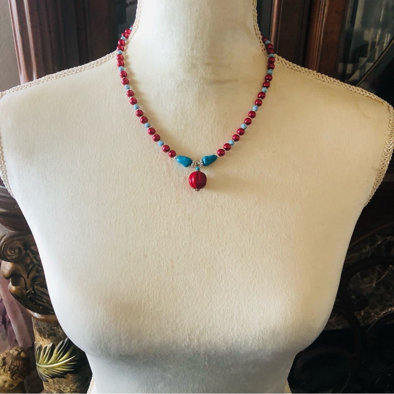 Handmade Handcrafted repurpose carved red coral stone Pearl necklace Size ONE SIZE - 5 Thumbnail