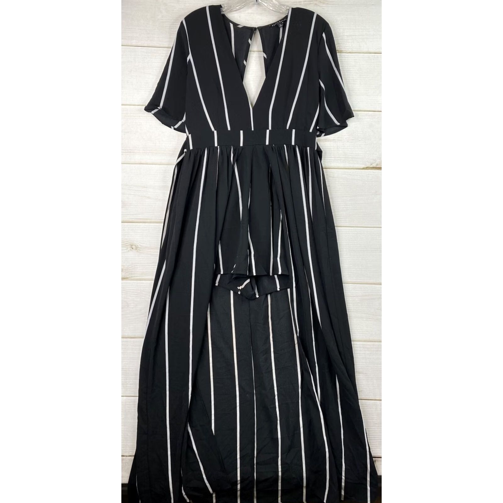 Vintage Haute Monde Maxi Dress Womens L Black Striped Open Keyhole Back Stretch Dress Size L / US 10 / IT 46 - 2 Thumbnail