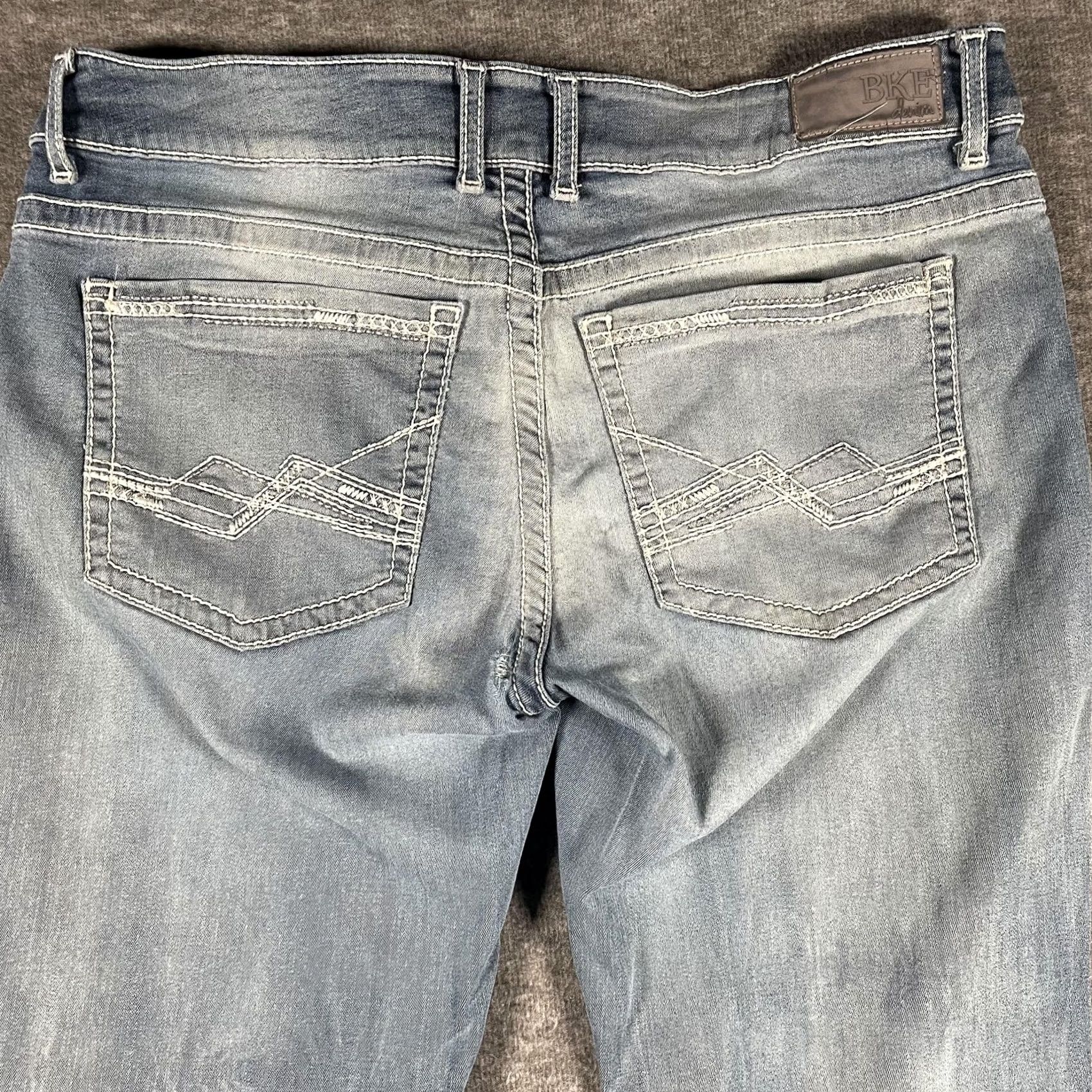 BKE BKE Culture Jeans Mens 34x31.5 Blue Light Wash Bootcut Denim Whiskered Stretch Pocket Zip Fly Size US 34 / EU 50 - 4 Thumbnail