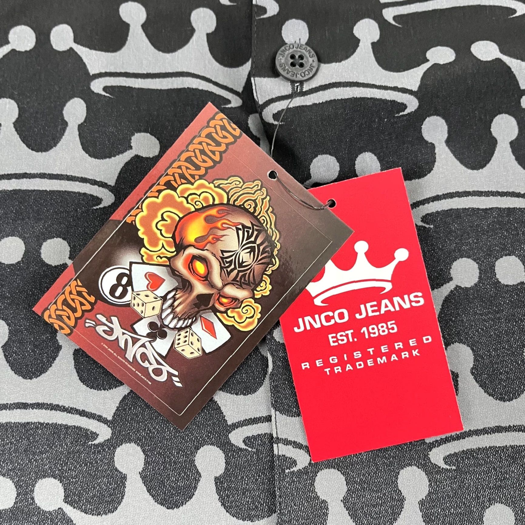 JNCO VINTAGE JNCO Shirt Mens 2XL Gray Crown Skull Flames Skater Button Punk Up Y2K NEW Size US XXL / EU 58 / 5 - 2 Thumbnail