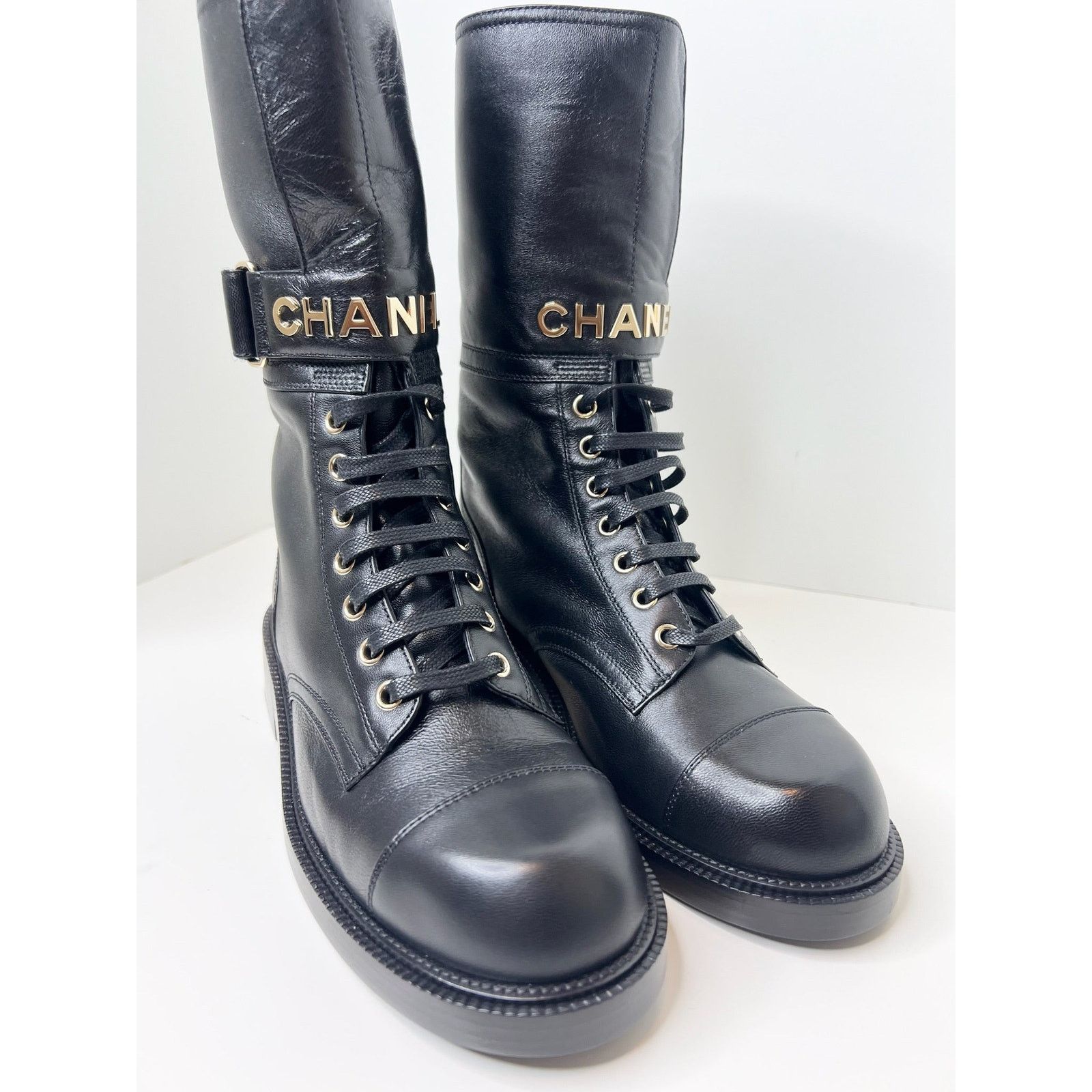 Chanel NWT! Chanel Lace Up Combat Boots, Black, Size 37.5 Size US 7.5 / IT 37.5 - 3 Thumbnail