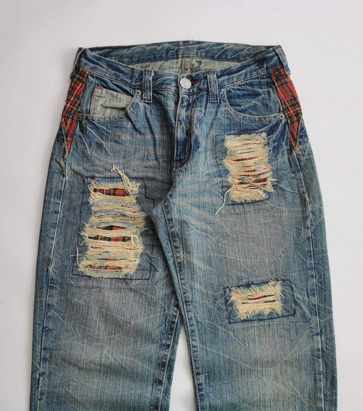 Seditionaries Skull Red Tartan Patchwork Tapered Denim Jeans Size US 30 / EU 46 - 3 Thumbnail