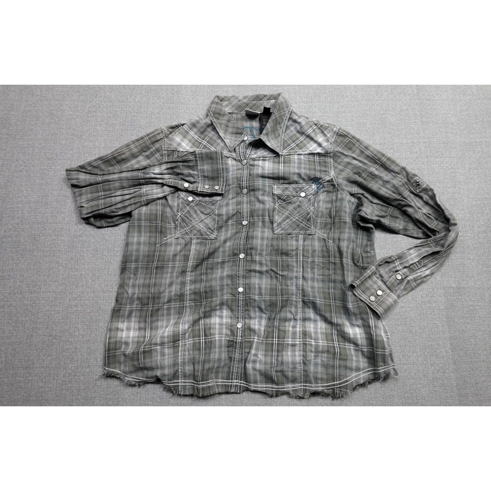 Harley Davidson Harley-Davidson Pearl Snap Shirt Womens 2X Gray Plaid Rhinestone Western Biker Size XXL / US 16-18 / IT 52-54 - 5 Thumbnail