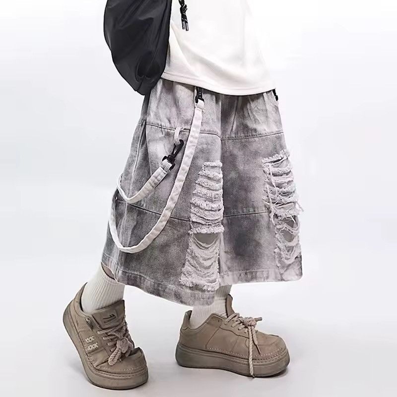 Jean Streetwear Baggy Loose Hole Distressed Design Shorts Size US 36 / EU 52 - 2 Thumbnail