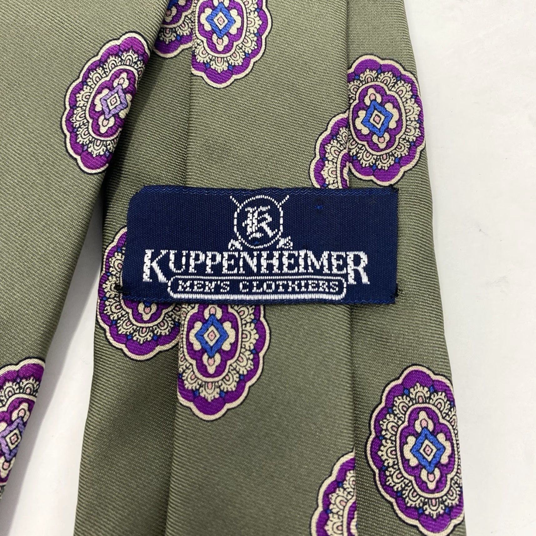 Vintage VINTAGE Kuppenheimer Tie Green Purple Medallion 100% Silk Hand Sewn in Italy Tie Men Classic 57"-60" Abstract Geometric Size ONE SIZE - 4 Thumbnail