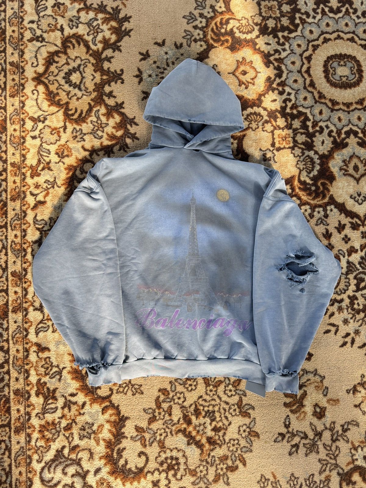 Balenciaga Balenciaga Destroyed Hoodie Turquoise/White | Grailed