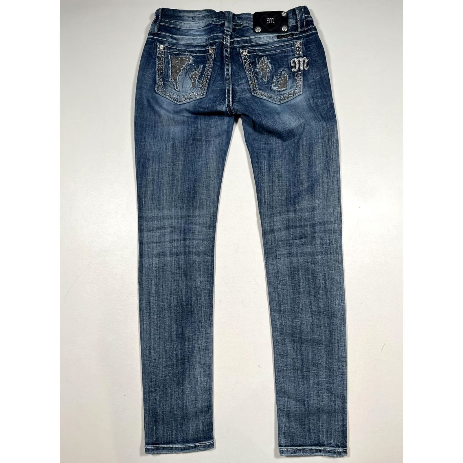 Miss Me Miss Me Jeans 29 Blue Signature Skinny Low Rise Distressed Rhinestone Jeans Size 29" - 2 Thumbnail