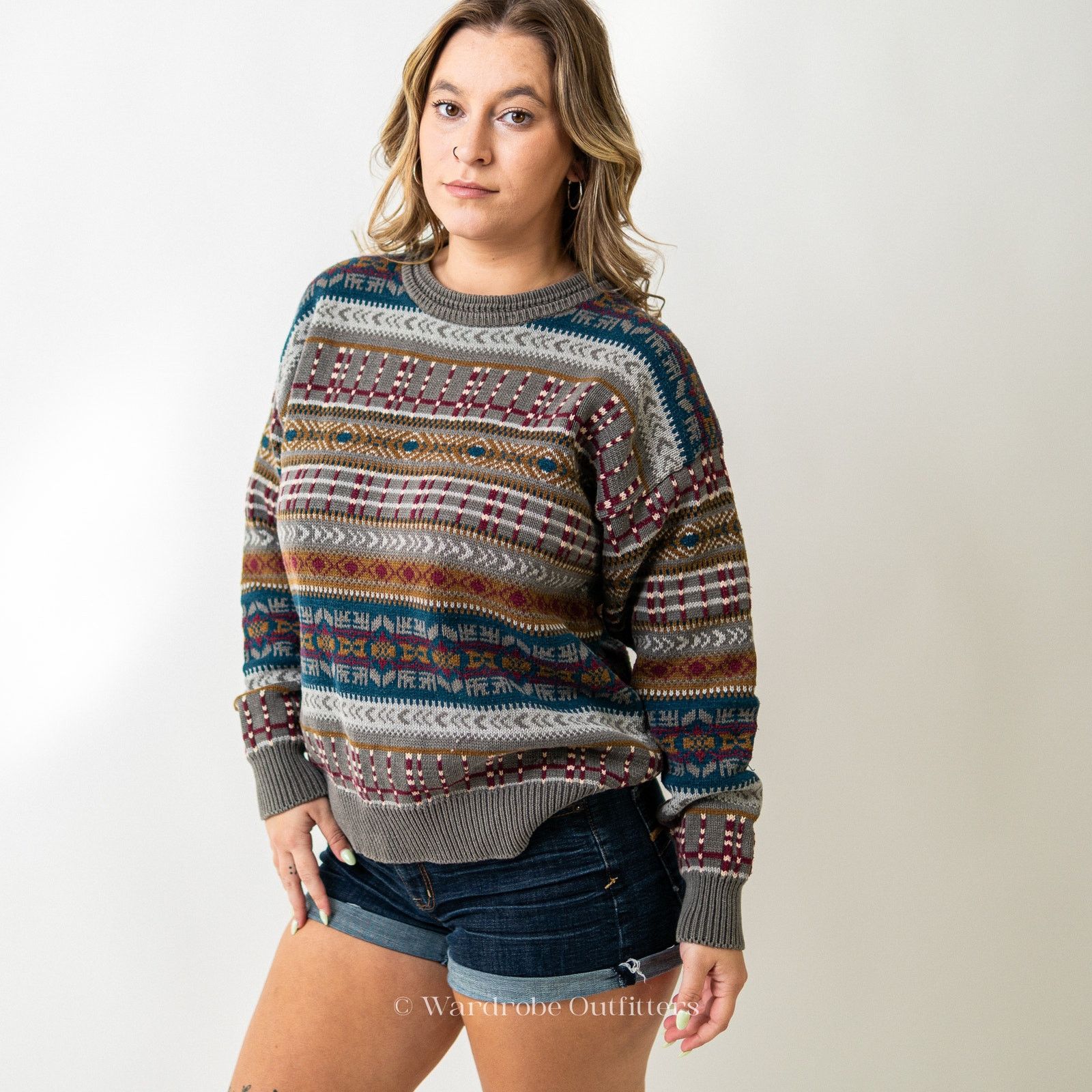Vintage Chunky Vintage 90s Aztec Multi Striped Sweater Woods & Gray Size L / US 10 / IT 46 - 2 Thumbnail