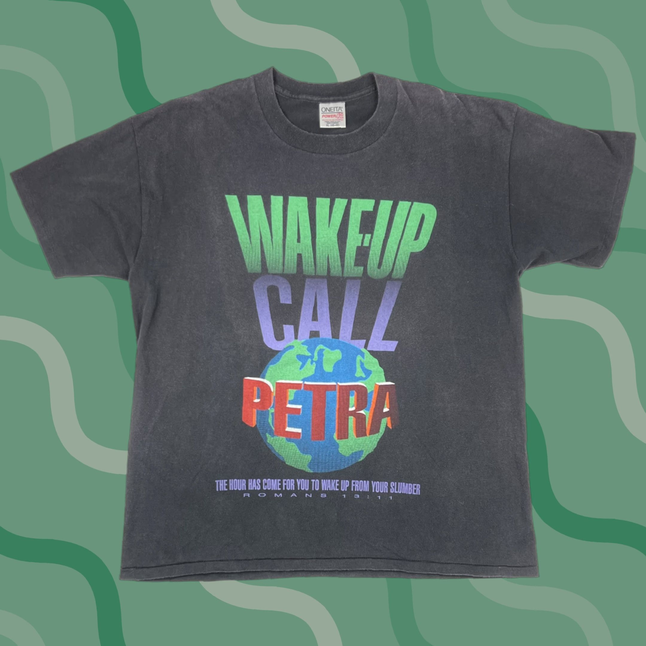 Vintage VINTAGE Petra Wake Up Call World Tour RARE T-Shirt XL USA Mens Shirt US 1994 Christian Rock Band Logo Cotton Polyester Crew Neck Short Sleeve Black Size US XL / EU 56 / 4 - 1 Thumbnail