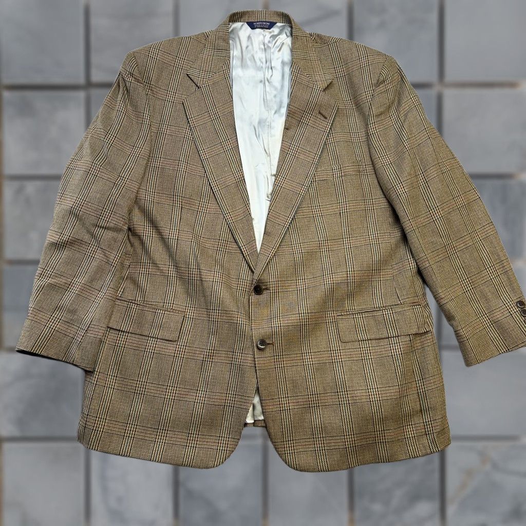 Nordstrom Nordstrom Blazer Jacket Mens 50L Brown Glen Plaid Silk Single-Breasted 2-Button Notch Lapel Ivy Old Money Style Size 50R - 1 Thumbnail