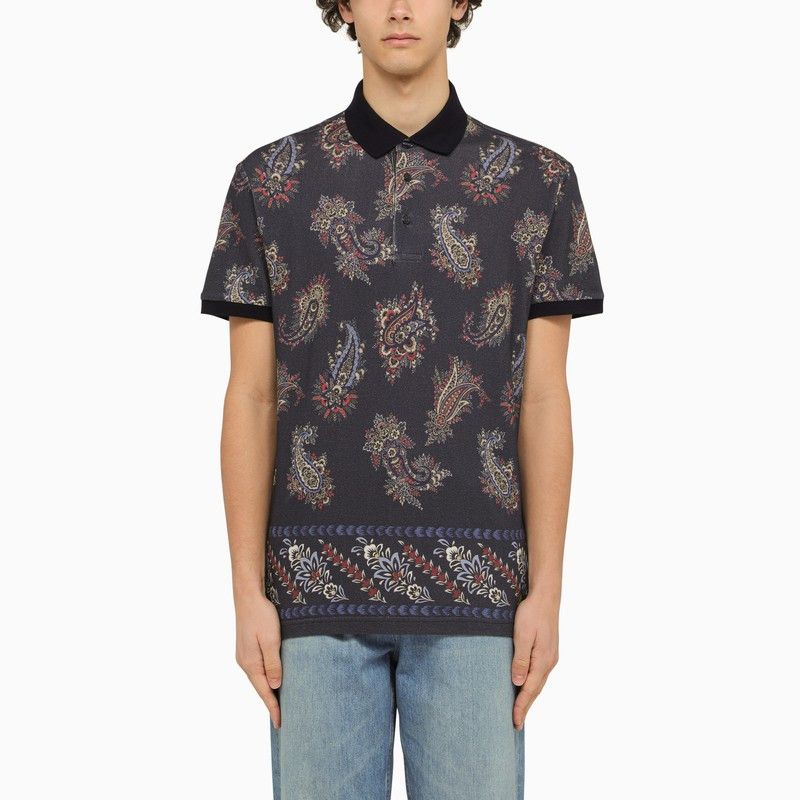 image of Etro Black Short Sleeved Polo With Paisley Print, Men's (Size Small)