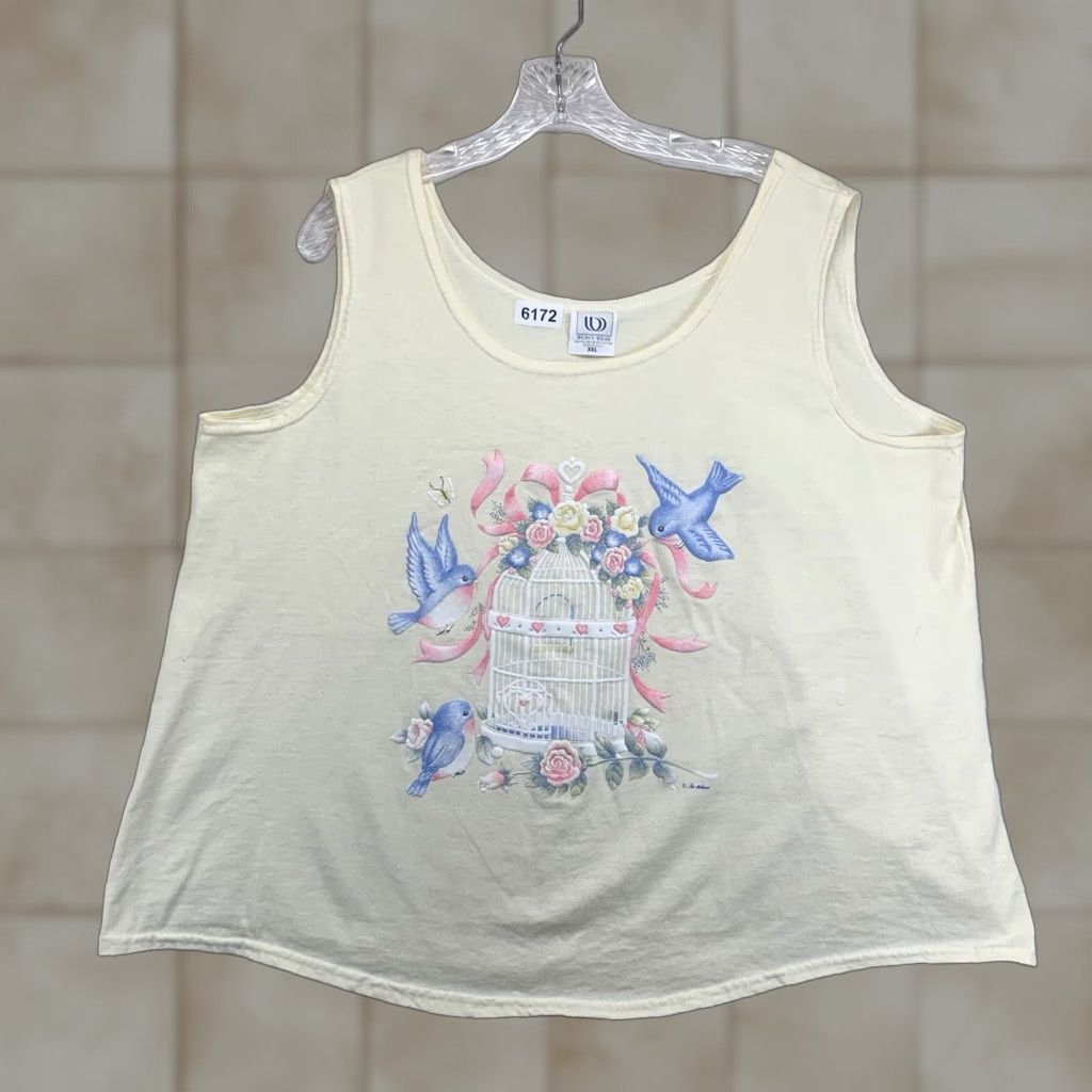 Vintage VINTAGE Women's Tank Top 2XL Ivory Blue Birds Botanical Sleeveless Casual All Seasons 90s Cottagecore Size XXL / US 16-18 / IT 52-54 - 1 Thumbnail