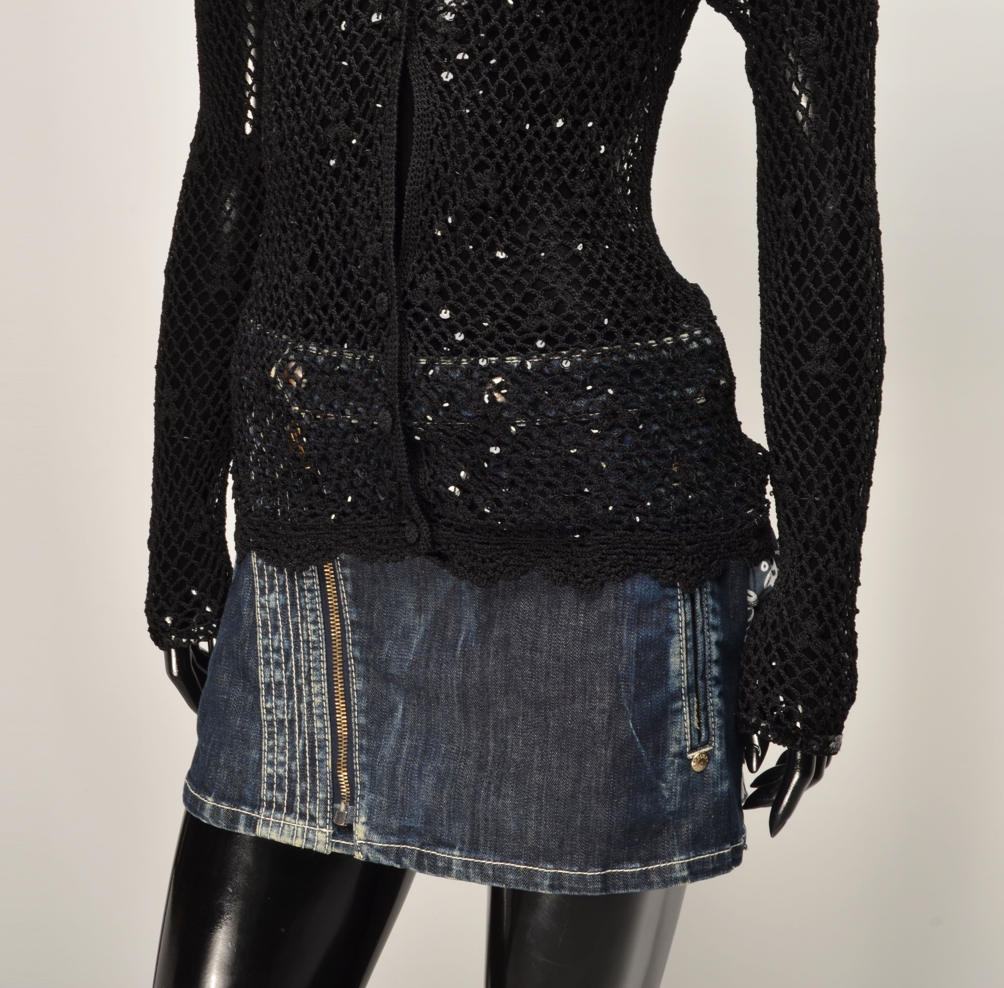 Designer Vintage Background Y2K Crochet Knit Black Cardigan Size L / US 10 / IT 46 - 3 Thumbnail