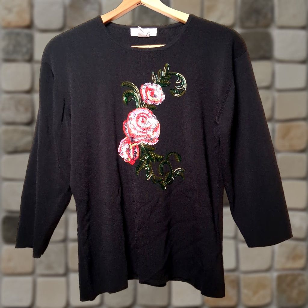Vintage VINTAGE Dressbarn Sweater Women XL Black Beaded Sequin Pink Rose Roses 3/4 Sleeve Knit Pullover Casual 70s-80s Theme Flowers Size XL / US 12-14 / IT 48-50 - 1 Thumbnail