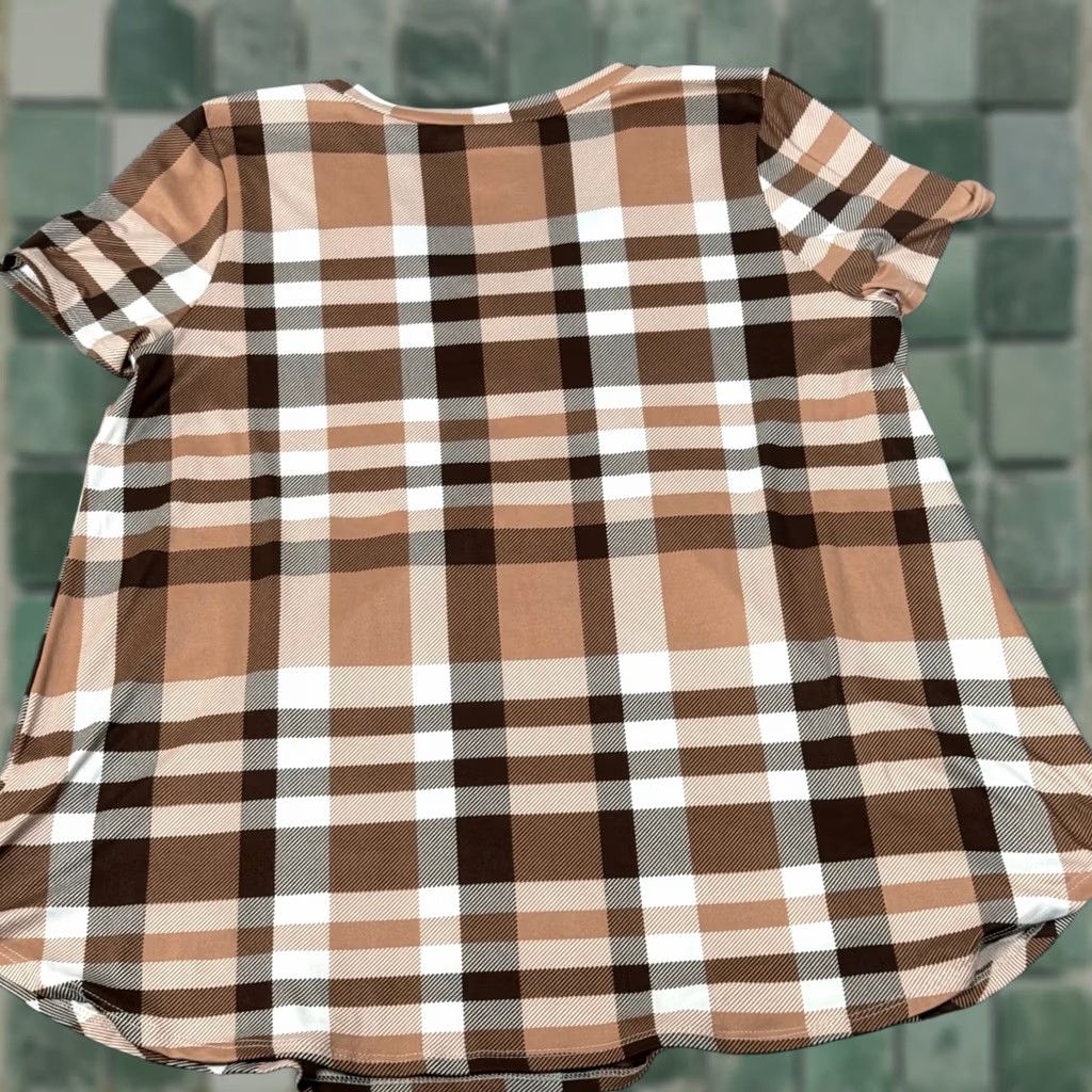 Vintage Honeyme Plaid Tunic Top Brown Large V Neck SS Stretchy Fall Fashion Relaxed Fit Size L / US 10 / IT 46 - 1 Thumbnail