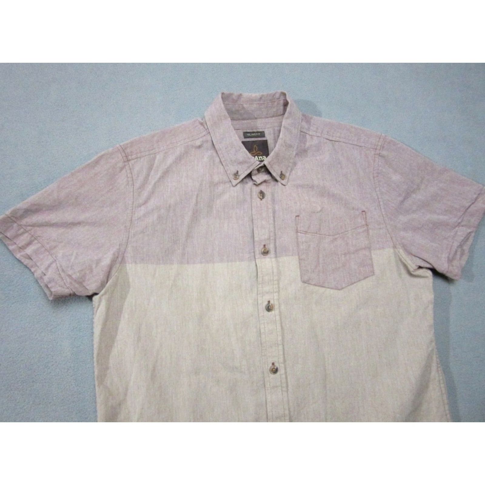 Prana prAna Shirt Mens Medium Beige Purple Two Tone Slim Fit Short Sleeve Button Down Size US M / EU 48-50 / 2 - 2 Thumbnail