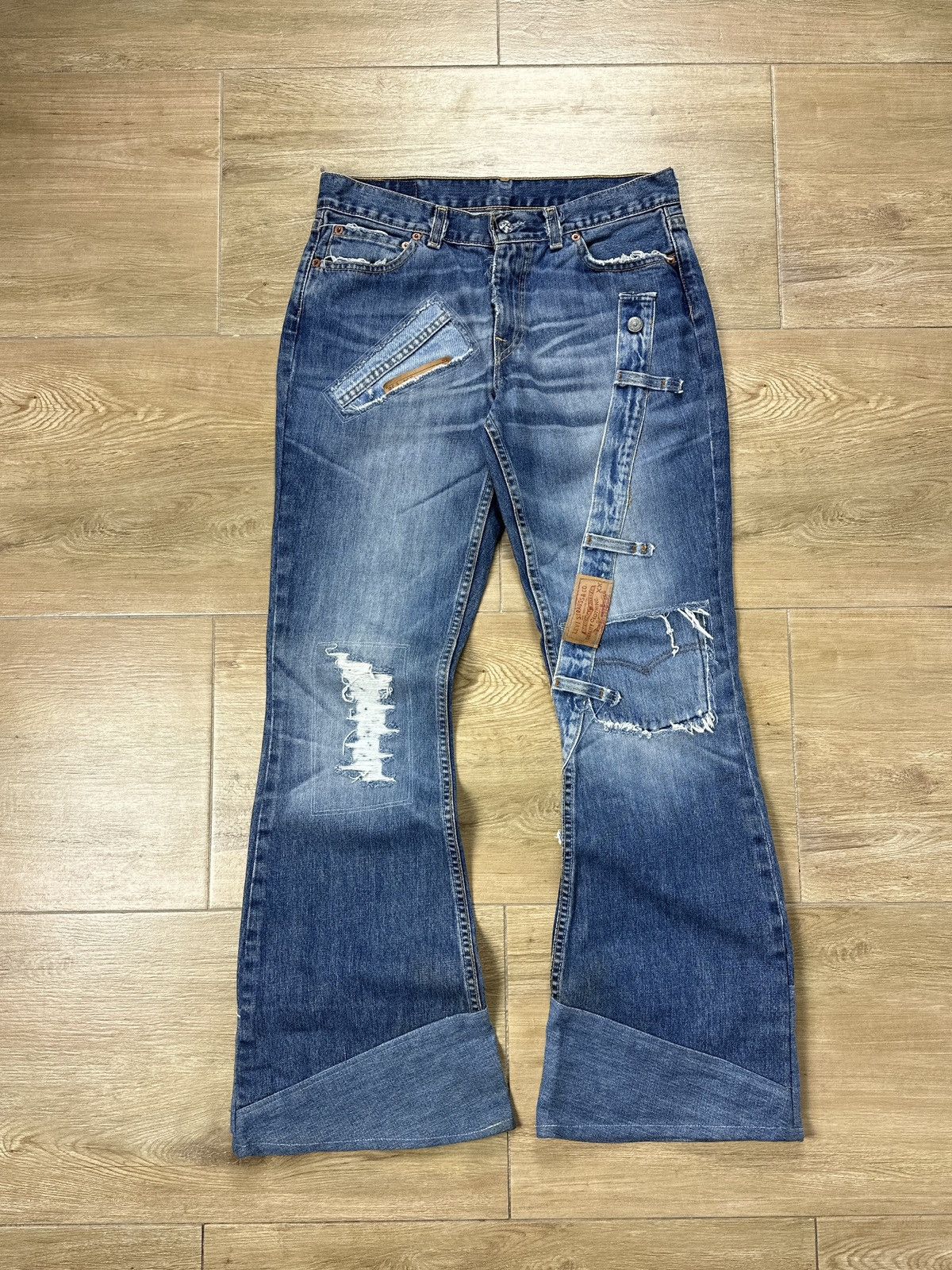 Levi's × Vintage Vintage Y2K Custom Levi’s Patchwork Flared Bootcut Jeans Size 30" / US 8 / IT 44 - 1 Thumbnail