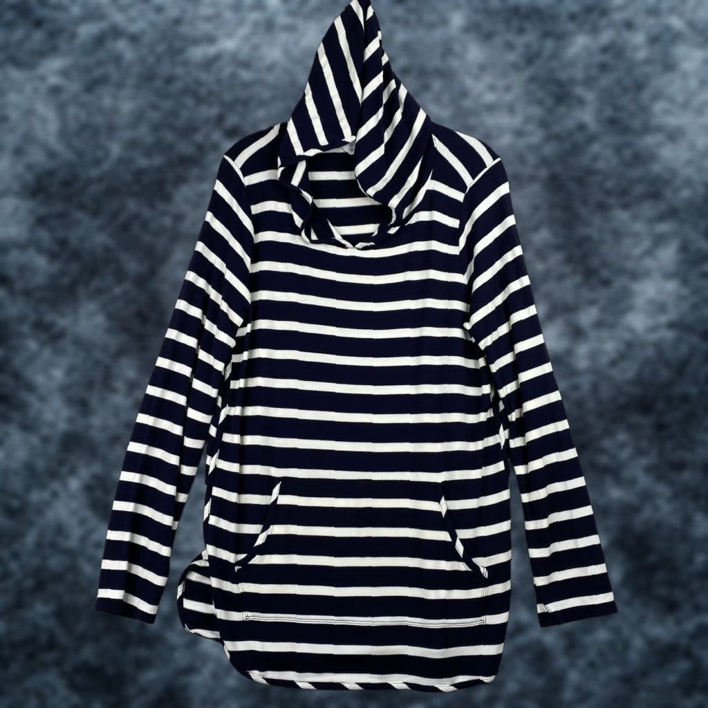 Market MARKET & SPRUCE Blue Striped Hooded Top XL Knit Rayon Spandex Casual Long Sleeve V-Neck Pullover Blouse Women Size XL / US 12-14 / IT 48-50 - 1 Thumbnail