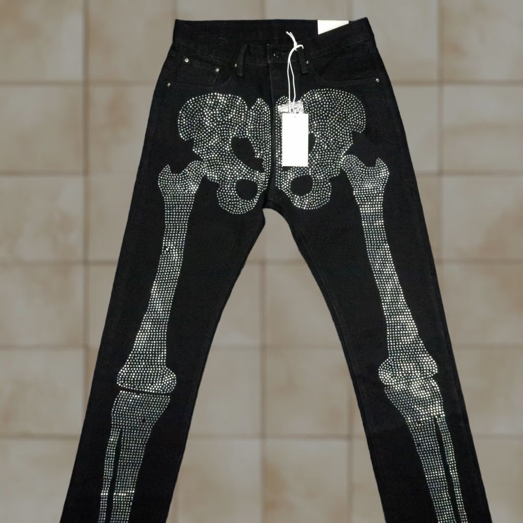 MNML Mnml Jeans Mens Black Skeleton Denim Rhinestone Crystal Goth Streetwear 31x36 Size US 31 - 1 Thumbnail