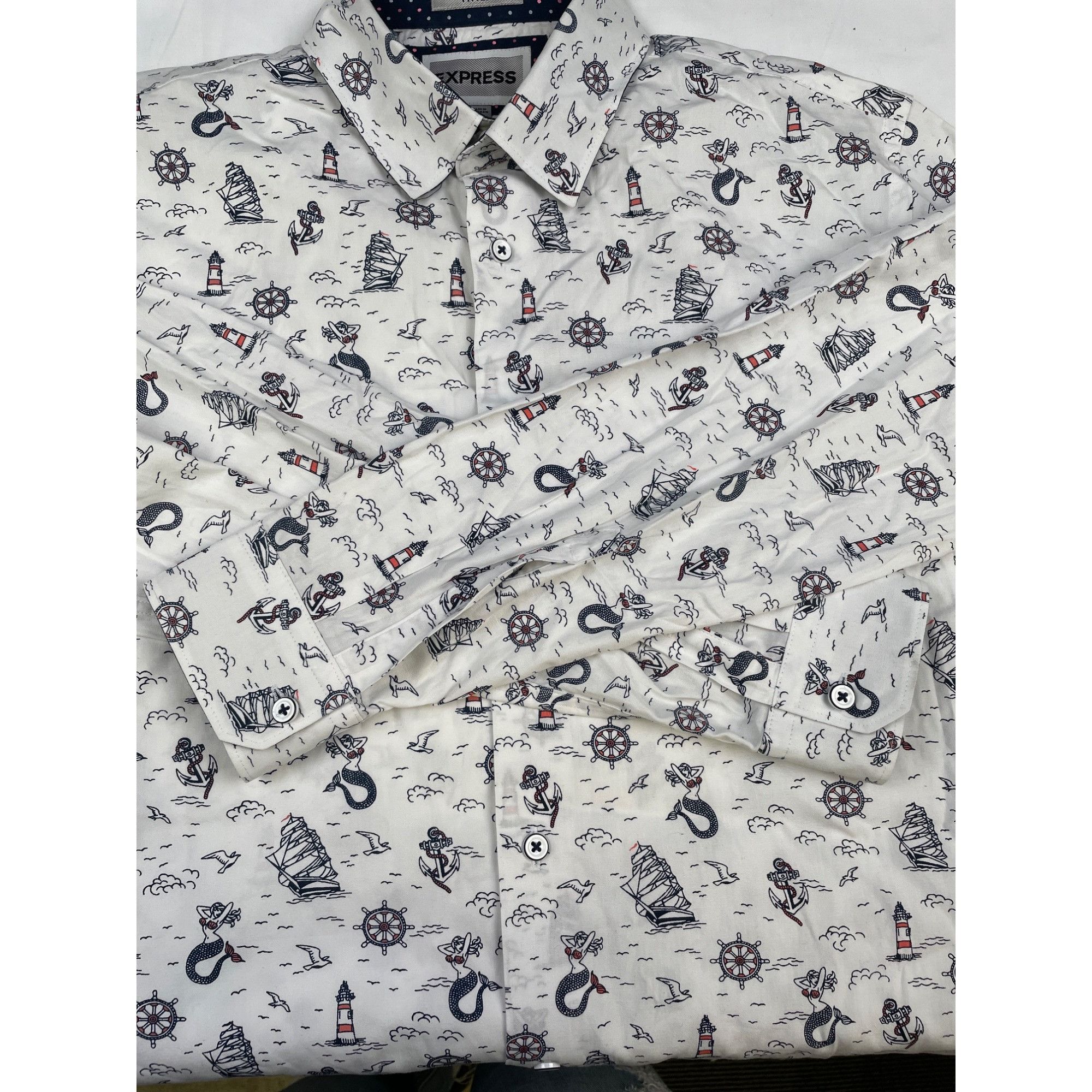 Express Express Men's White Nautical Button up Shirt Long Sleeves Si Size US M / EU 48-50 / 2 - 6 Thumbnail