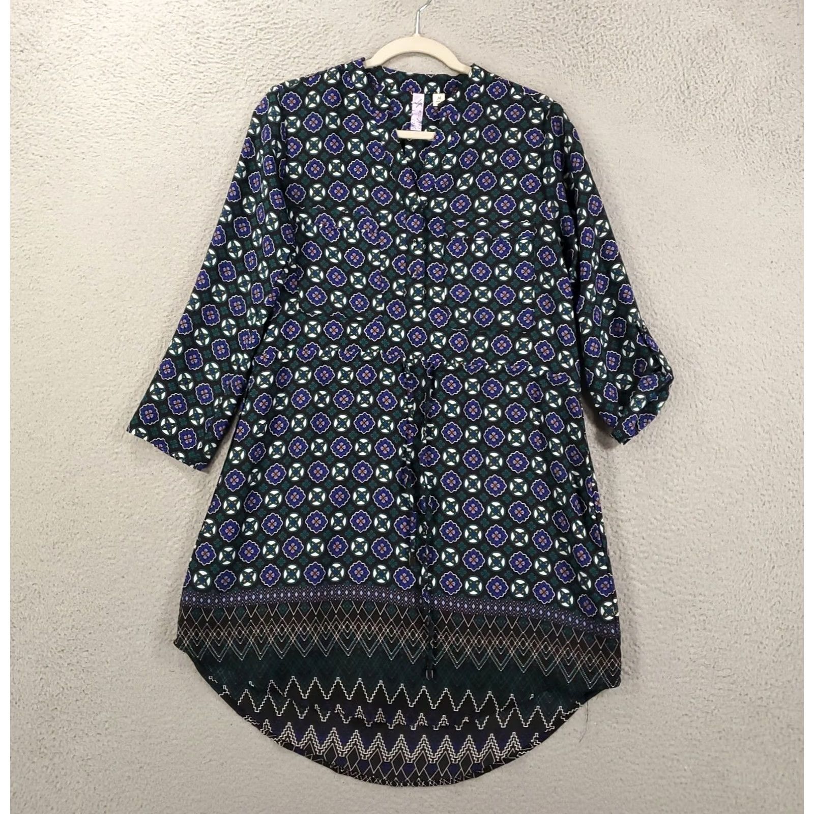 Vintage Aly Dress Womens Size Medium Blue Geometric Tunic Shift Roll Tab Sleeve Size M / US 6-8 / IT 42-44 - 4 Thumbnail