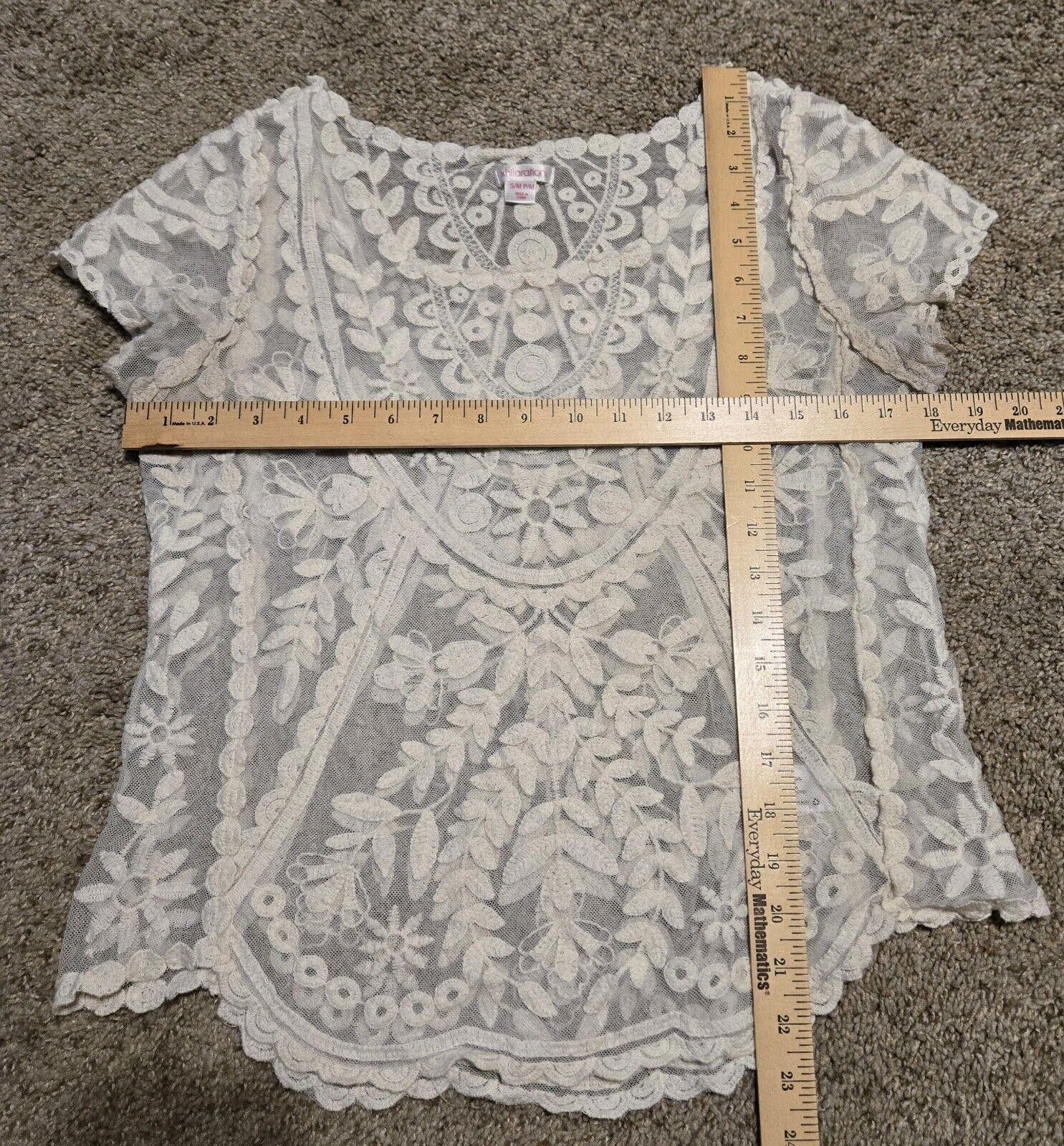Designer Cream Exhilaration Lace Floral T Shirt Sz S - Stains See Pic Size S / US 4 / IT 40 - 2 Thumbnail