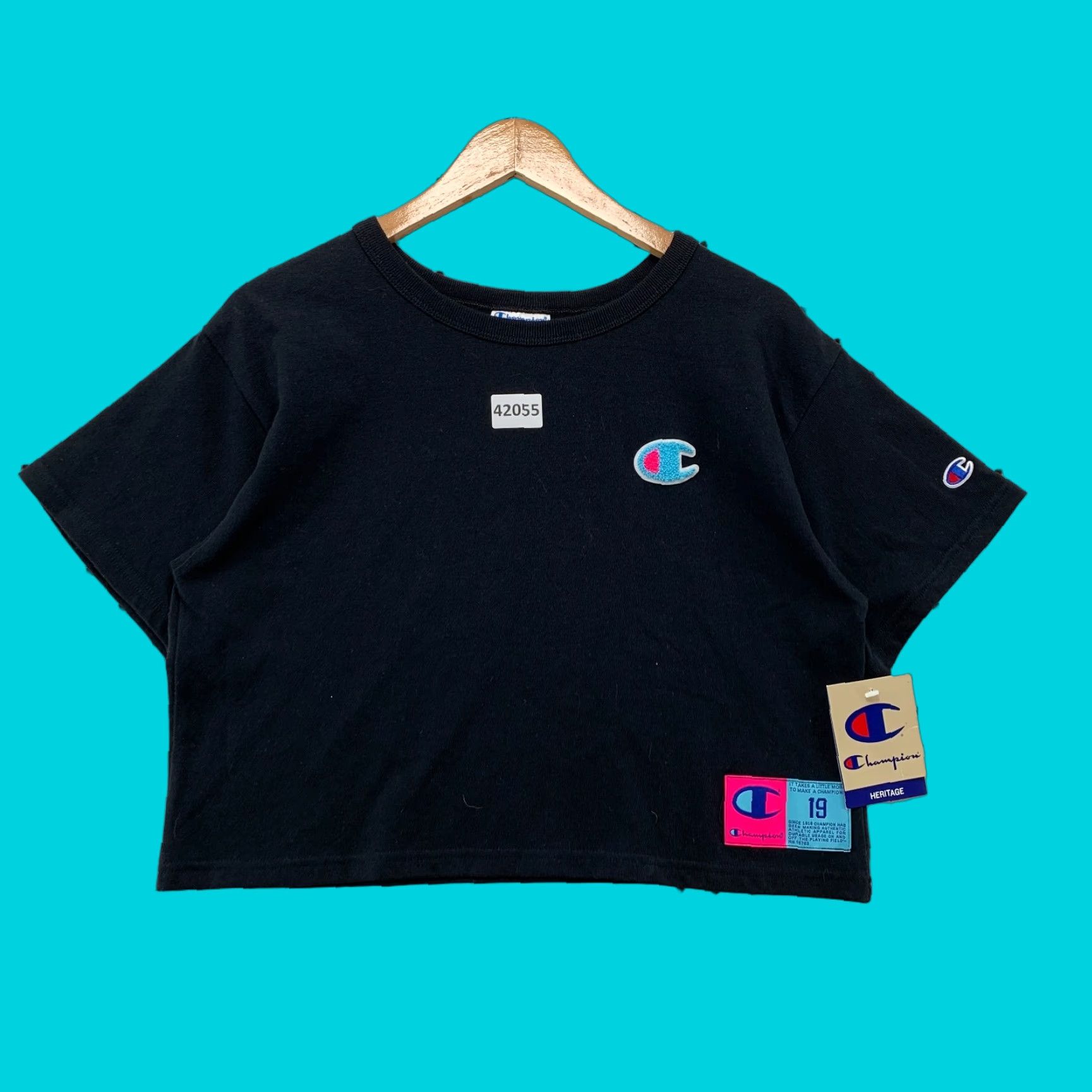 Champion VINTAGE Champion Cropped Shirt Womens Small Black Neon Blue Logo Patch Casual Summer 90s Womens Size S / US 4 / IT 40 - 1 Thumbnail