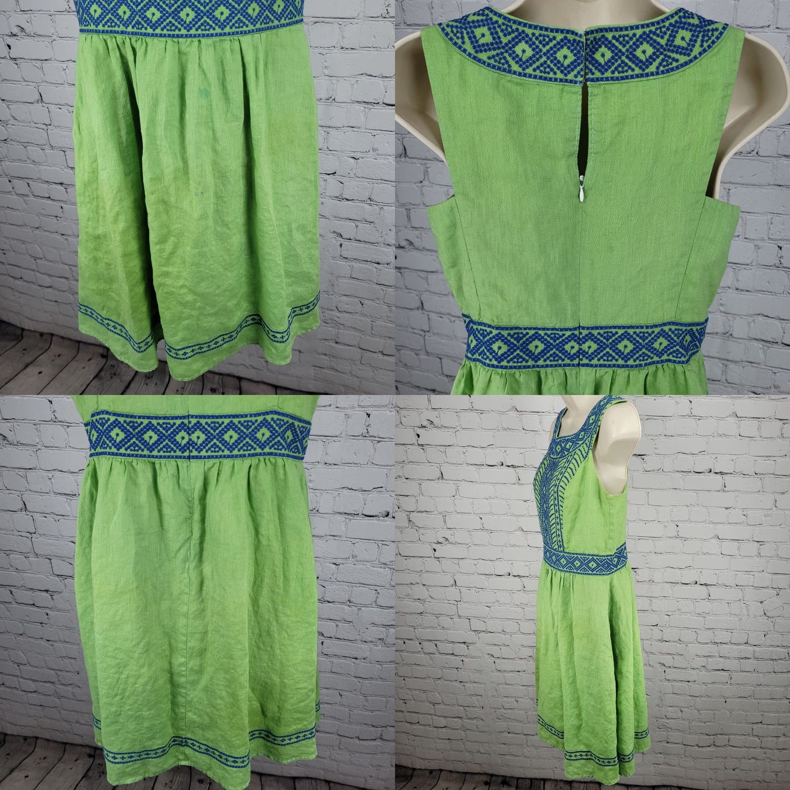 Lands' End Lands' End Green 100% Linen Embroidered Sleeveless Lined Short A-Line Dress 6 Size 28" / US 6 / IT 42 - 8 Thumbnail