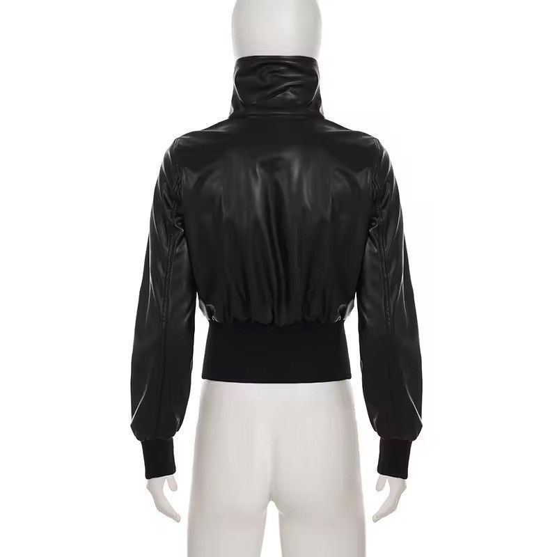 Japanese Brand Y2K Black PU Leather Bomber Jacket - Cropped Tight Fit Size M / US 6-8 / IT 42-44 - 8 Thumbnail