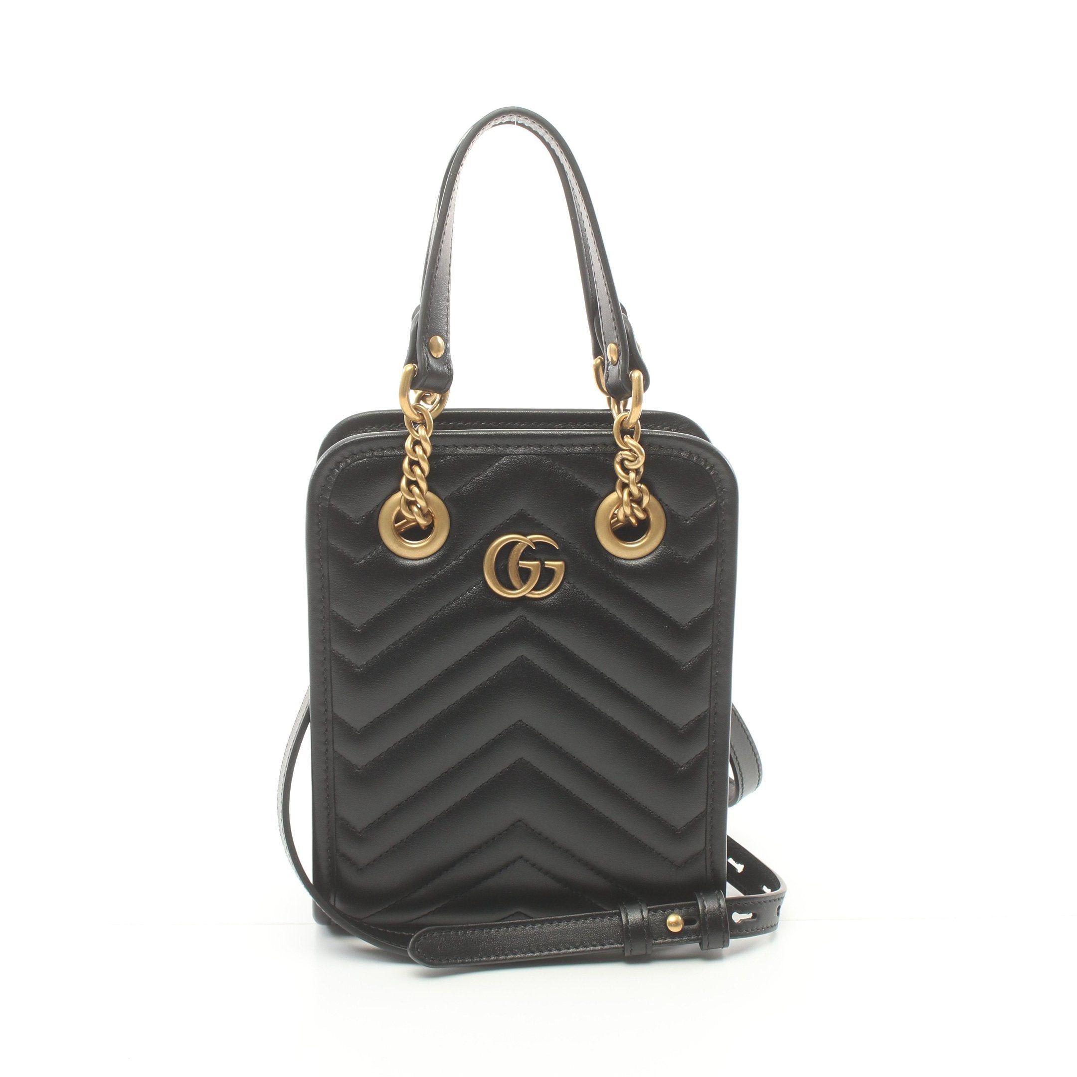 image of Gucci Gg Marmont Chain Handbag Leather Black Quilting 2Way, Women's