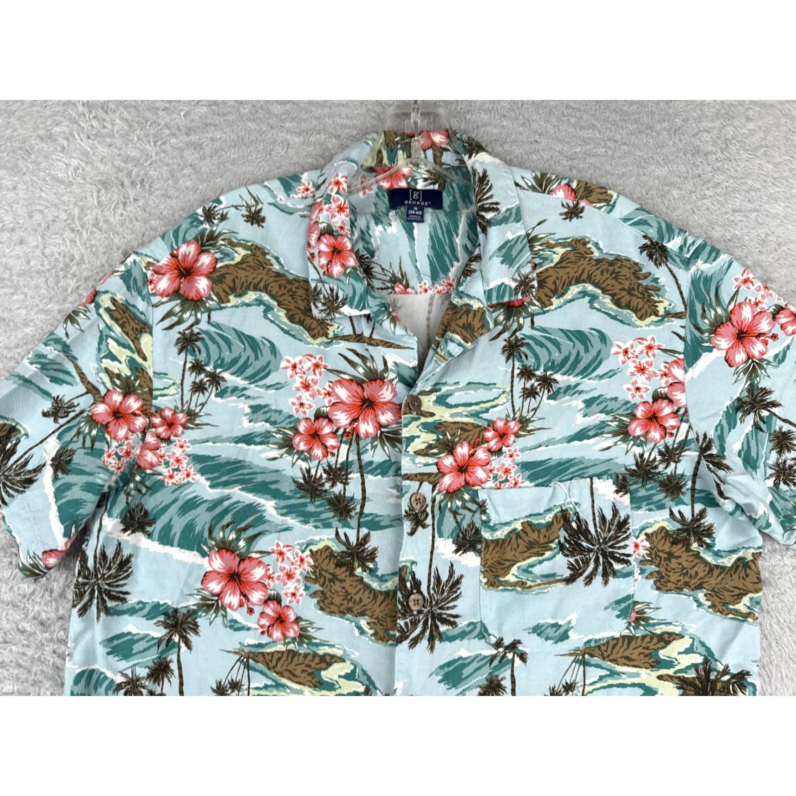 George George Men's Shirt Medium Blue Pink Floral Hibiscus Button-Up 100% Rayon Hawaiian Size US M / EU 48-50 / 2 - 4 Thumbnail