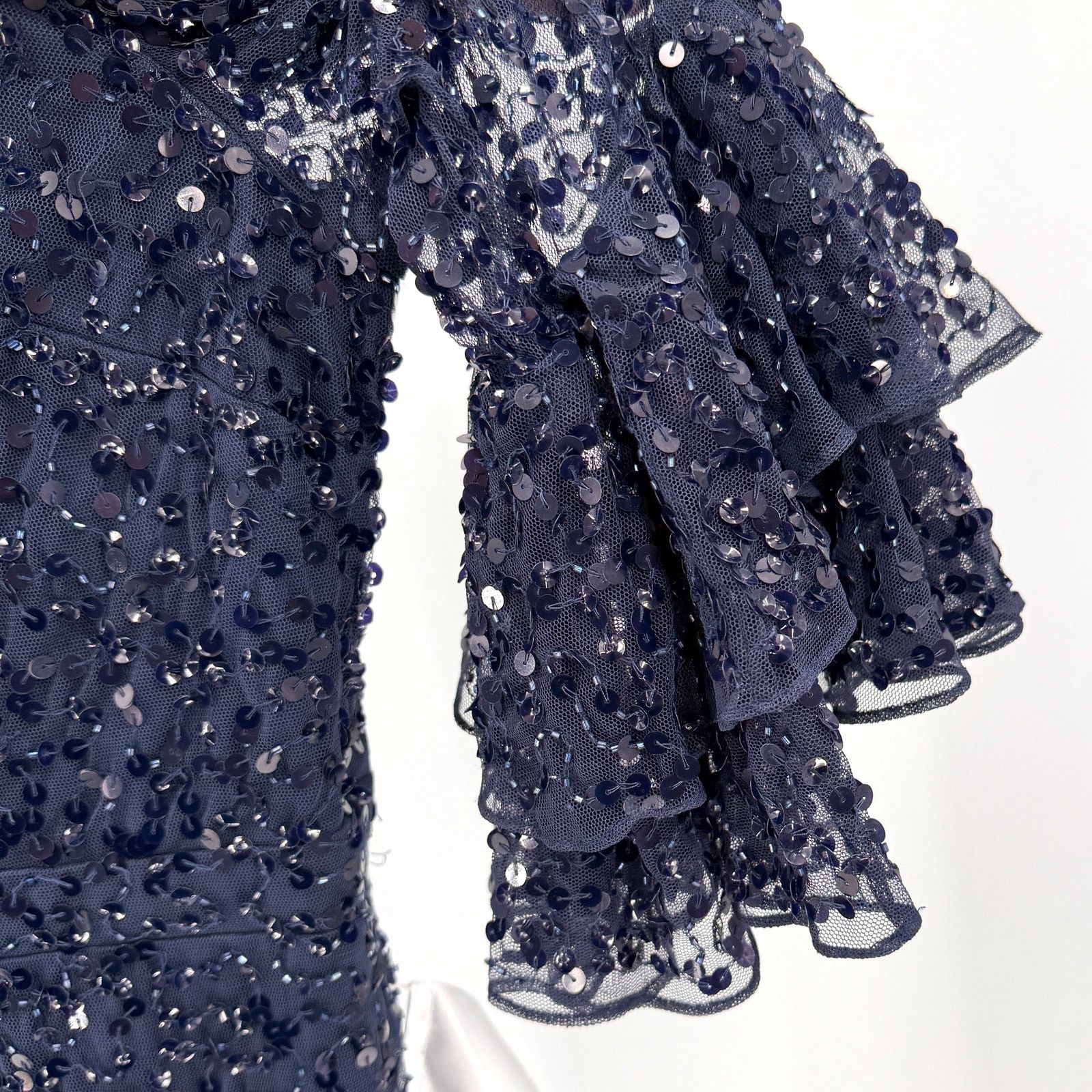 Mac Duggal NWT Navy Blue Sequin Tiered Ruffle Sleeve Cocktail Dress Size 3XL / US 20-22 - 2 Thumbnail