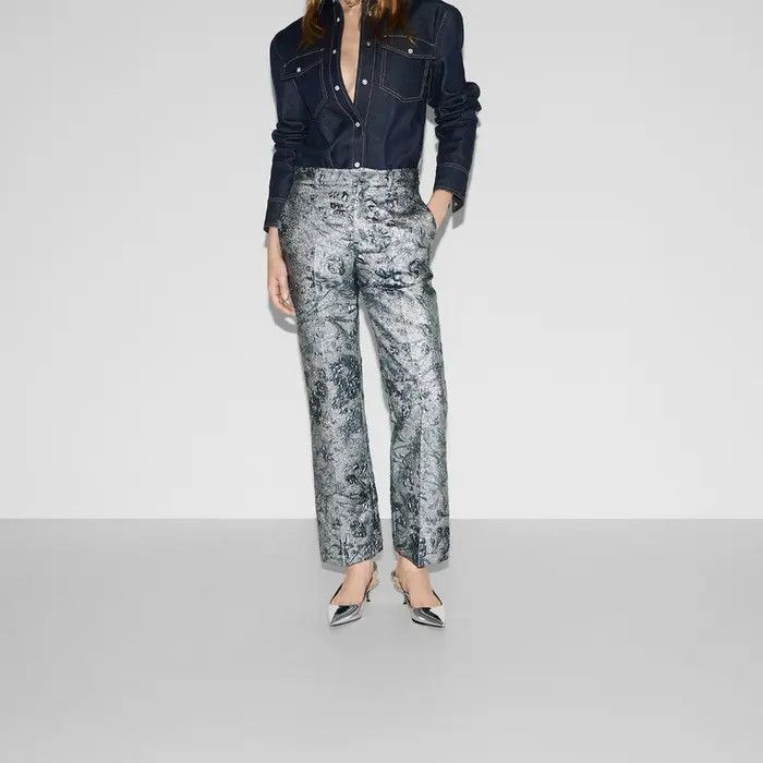Gucci o1B3y1r0526 Flared Floral Lamé Brocade Pant in Blue Size 30" / US 8 / IT 44 - 3 Thumbnail