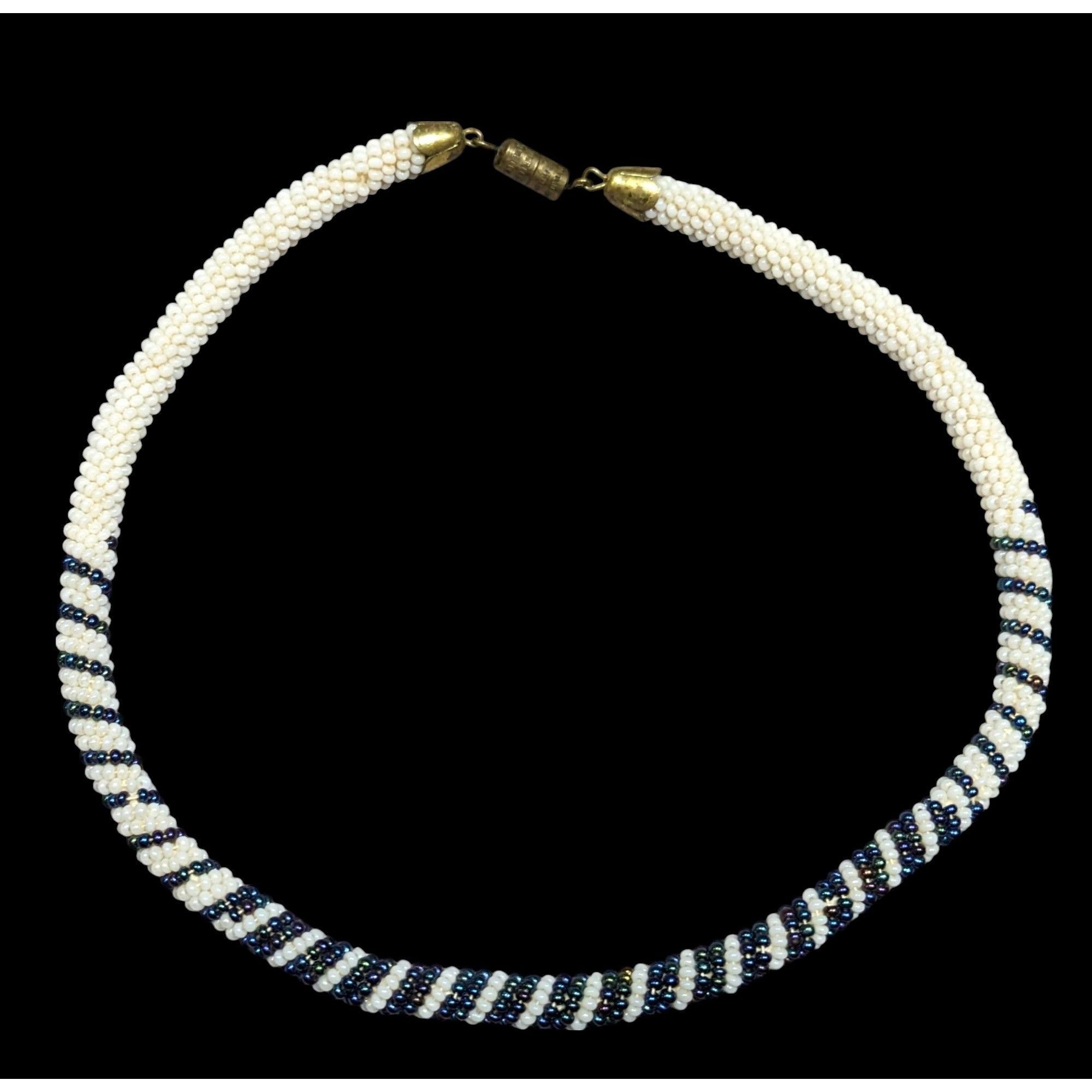 Handmade Vintage Handmade White And Blue/Black Beaded Rope Necklace Size ONE SIZE - 1 Thumbnail
