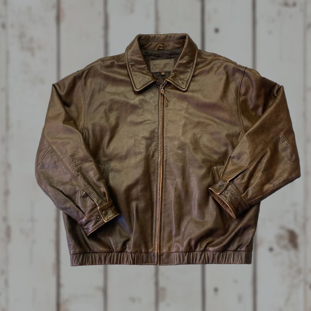Vintage VINTAGE St. John's Bay Brown Leather Bomber Jacket Jacket XXl Mens Brown Zipper Leather Bomber Vintage 2XL Regular Lined-Insulated Fall Winter Spring Size US XXL / EU 58 / 5 - 1 Thumbnail